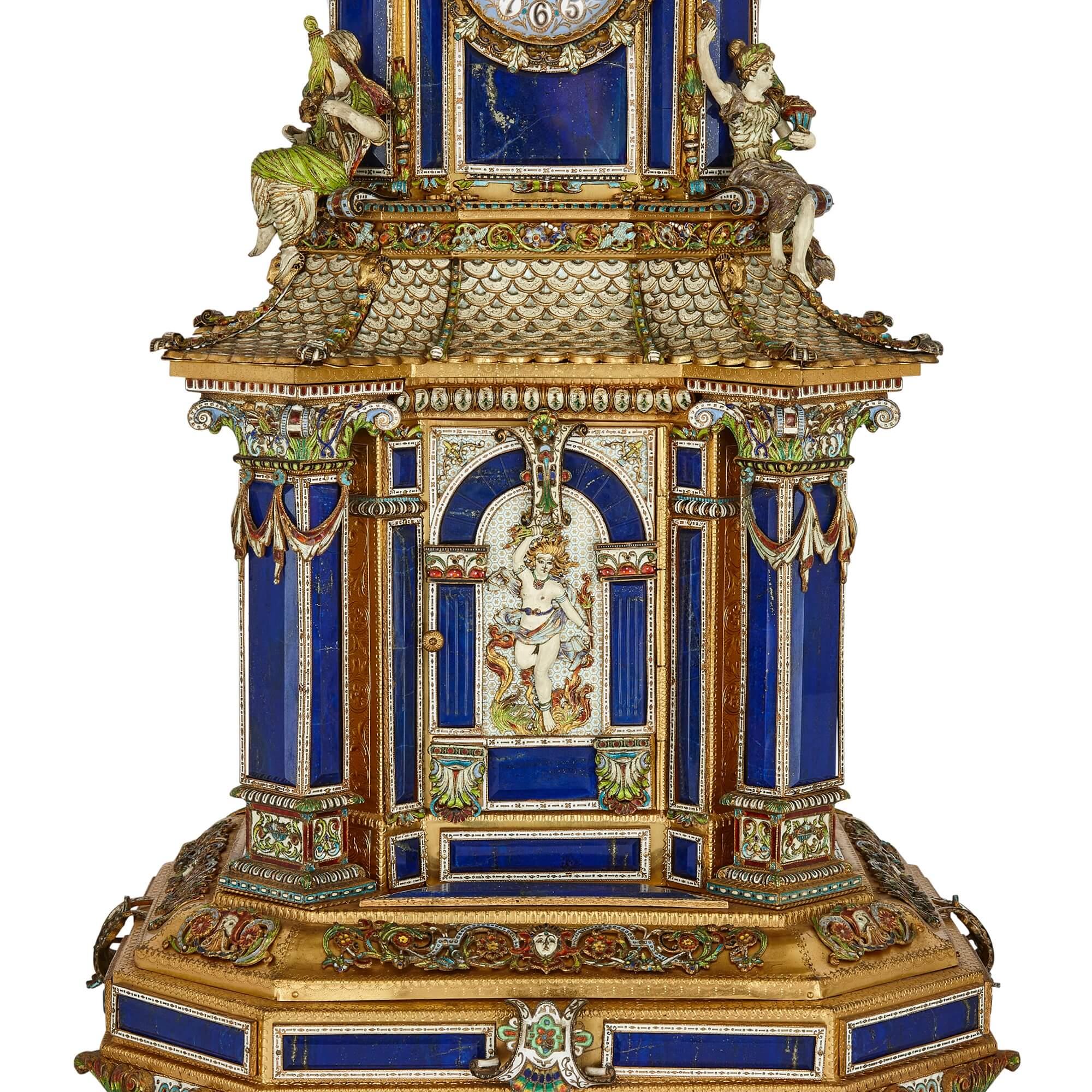 Impressive Antique Austrian Champlevé Enamel, Silver-Gilt and Lapis Lazuli Clock For Sale 4