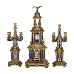 Impressionnante horloge autrichienne ancienne en émail champlevé, argent et lapis-lazuli