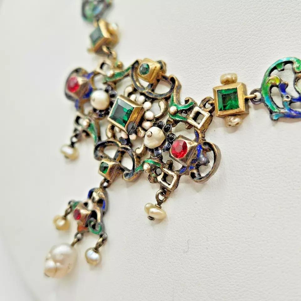 Impressionante collana antica austro-ungarica di perle smaltate con più gemme in vendita 6