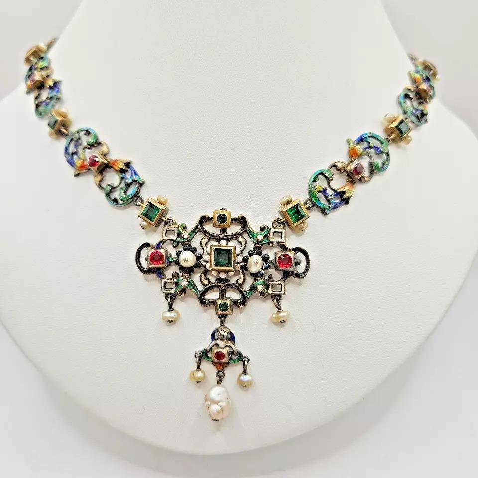 Impressionante collana antica austro-ungarica di perle smaltate con più gemme in vendita 7