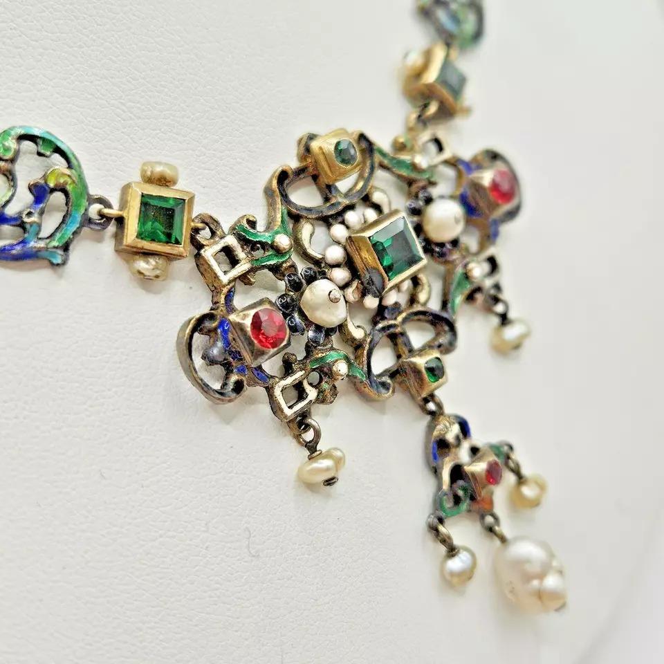Impressionante collana antica austro-ungarica di perle smaltate con più gemme in vendita 8