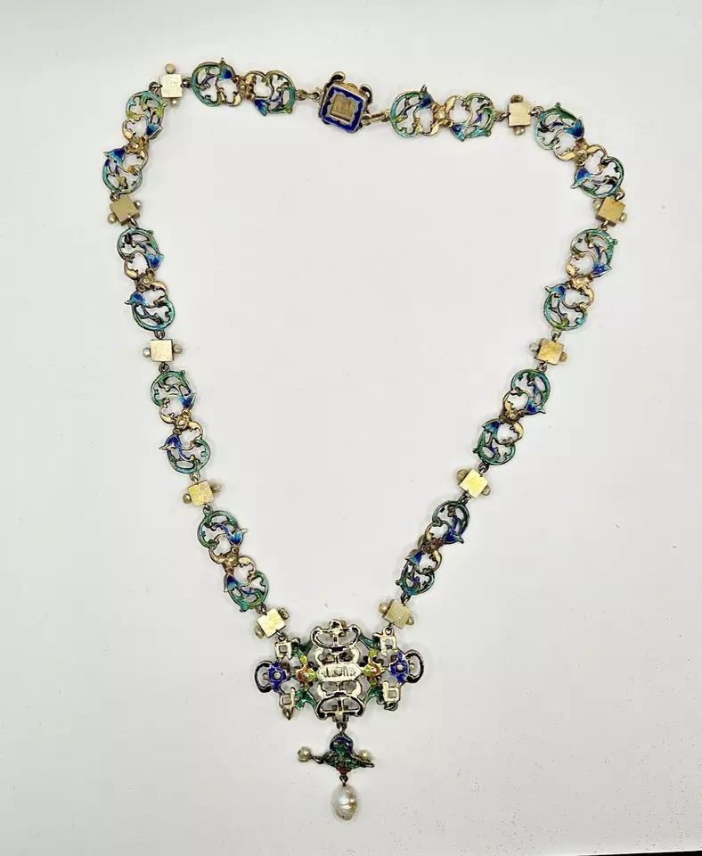 da uomo o donna Impressionante collana antica austro-ungarica di perle smaltate con più gemme in vendita