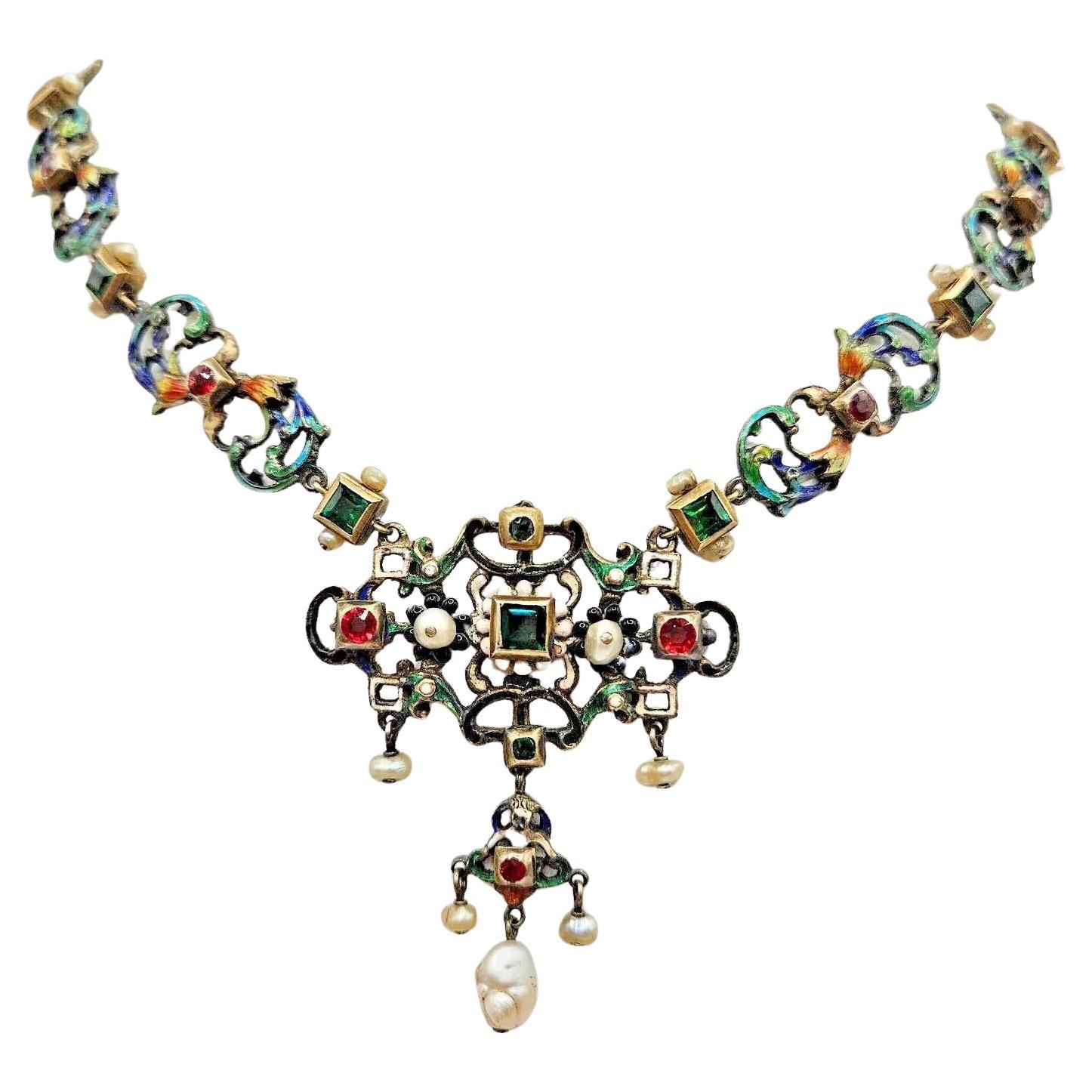 Impressive Antique Austro Hungarian Silver Enamel Pearl Multi Gem Necklace