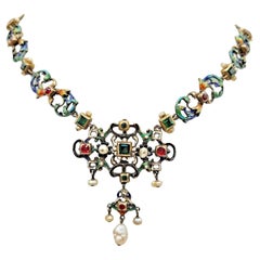 Impressive Antique Austro Hungarian Silver Enamel Pearl Multi Gem Necklace