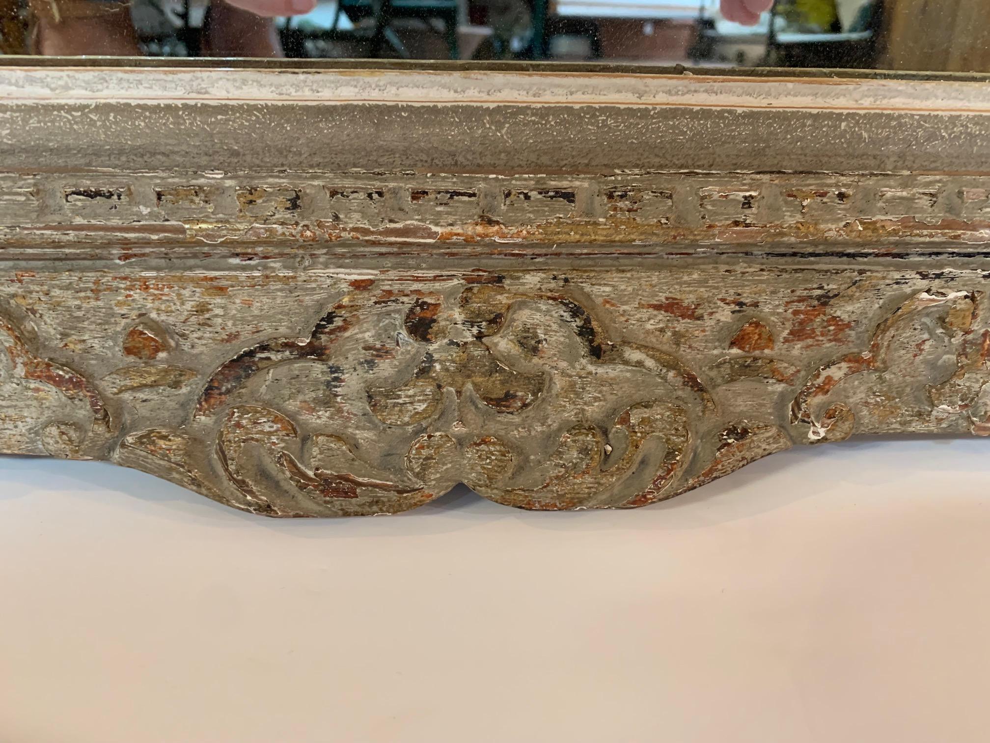 French Provincial Impressive Antique Carved Wood French Mirror with Original Paint