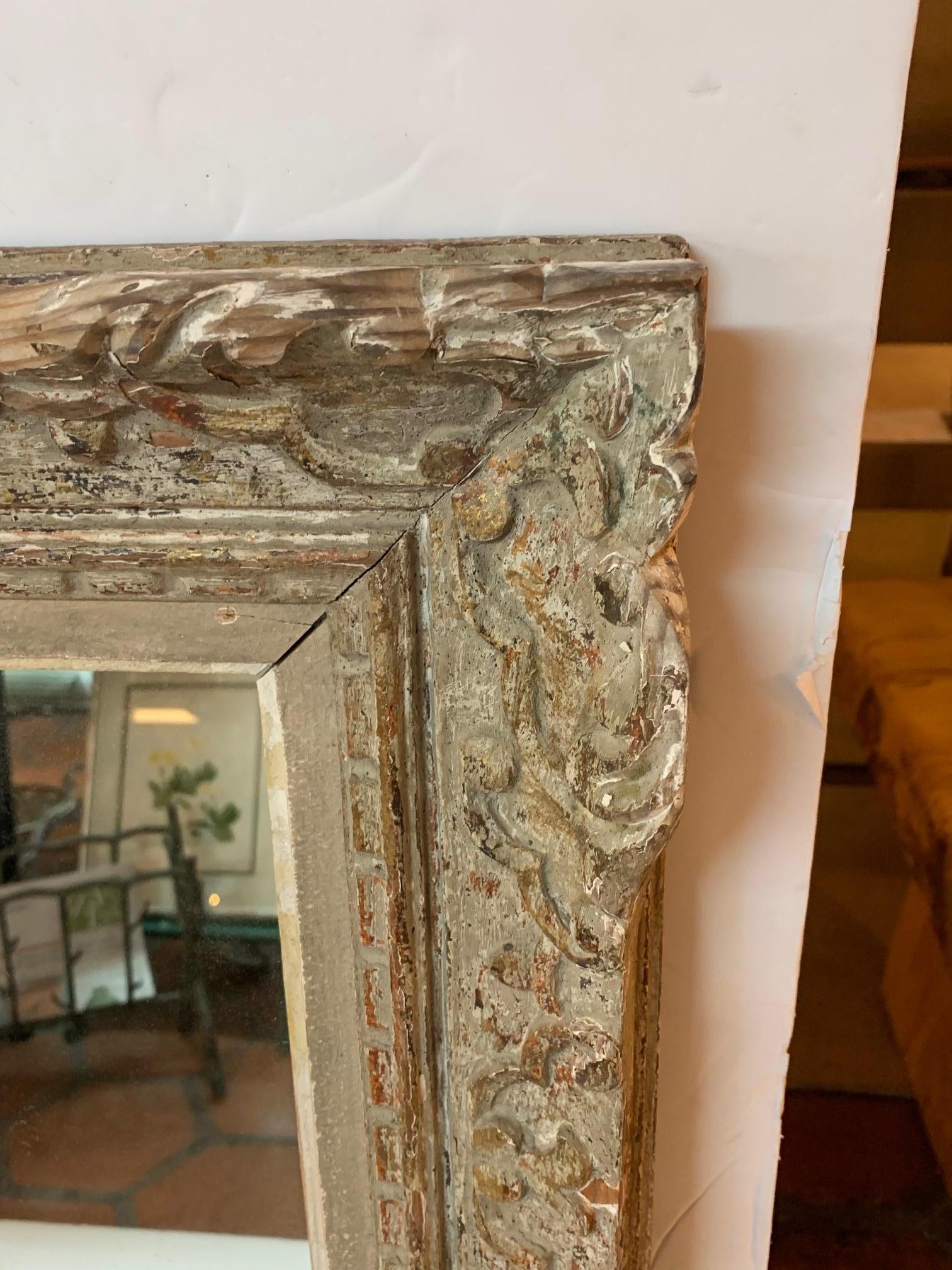 Impressive Antique Carved Wood French Mirror with Original Paint 1