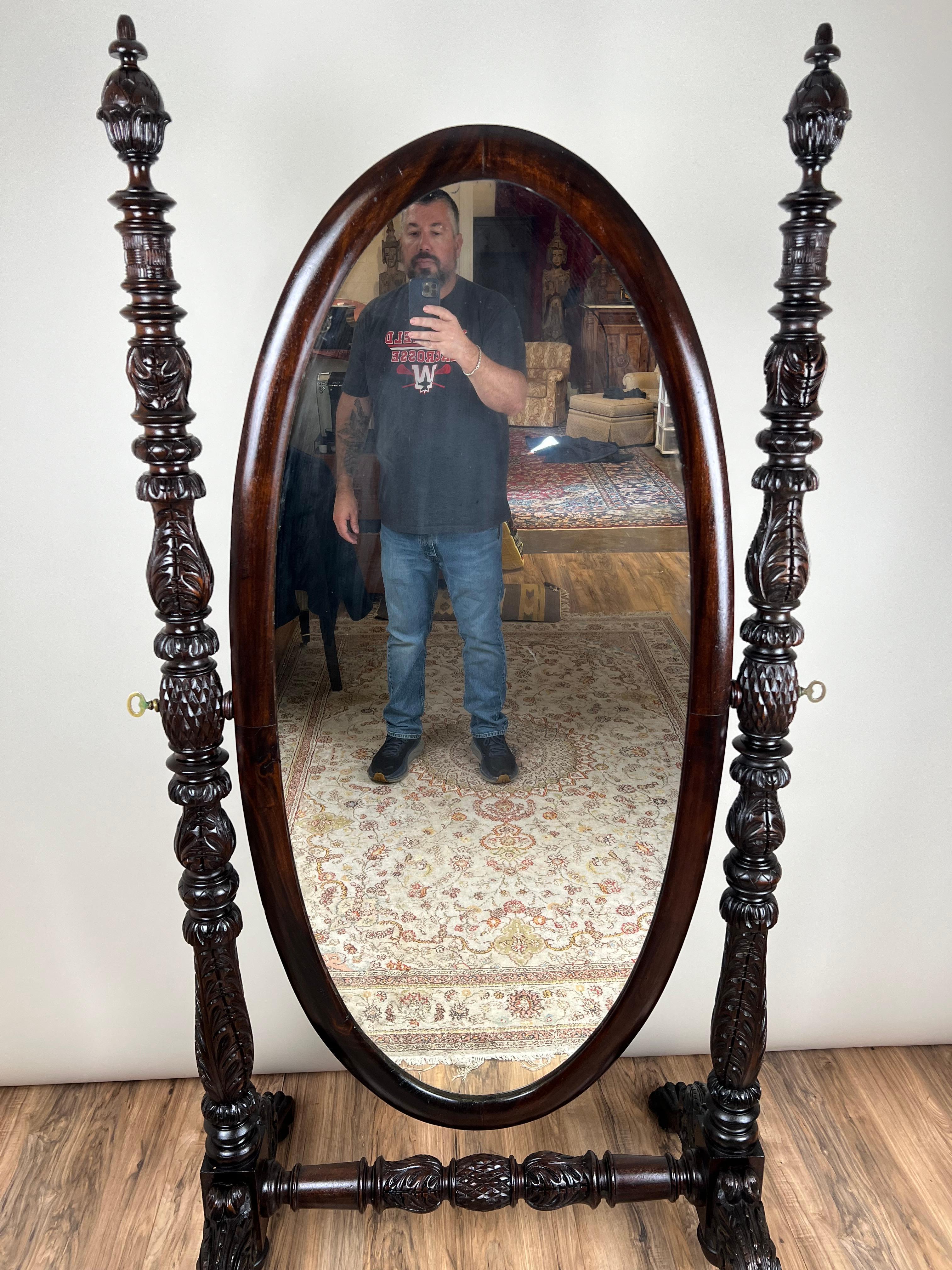 Impressive Antique Empire Acanthus and Barbola Rose Carved Cheval Mirror en vente 10