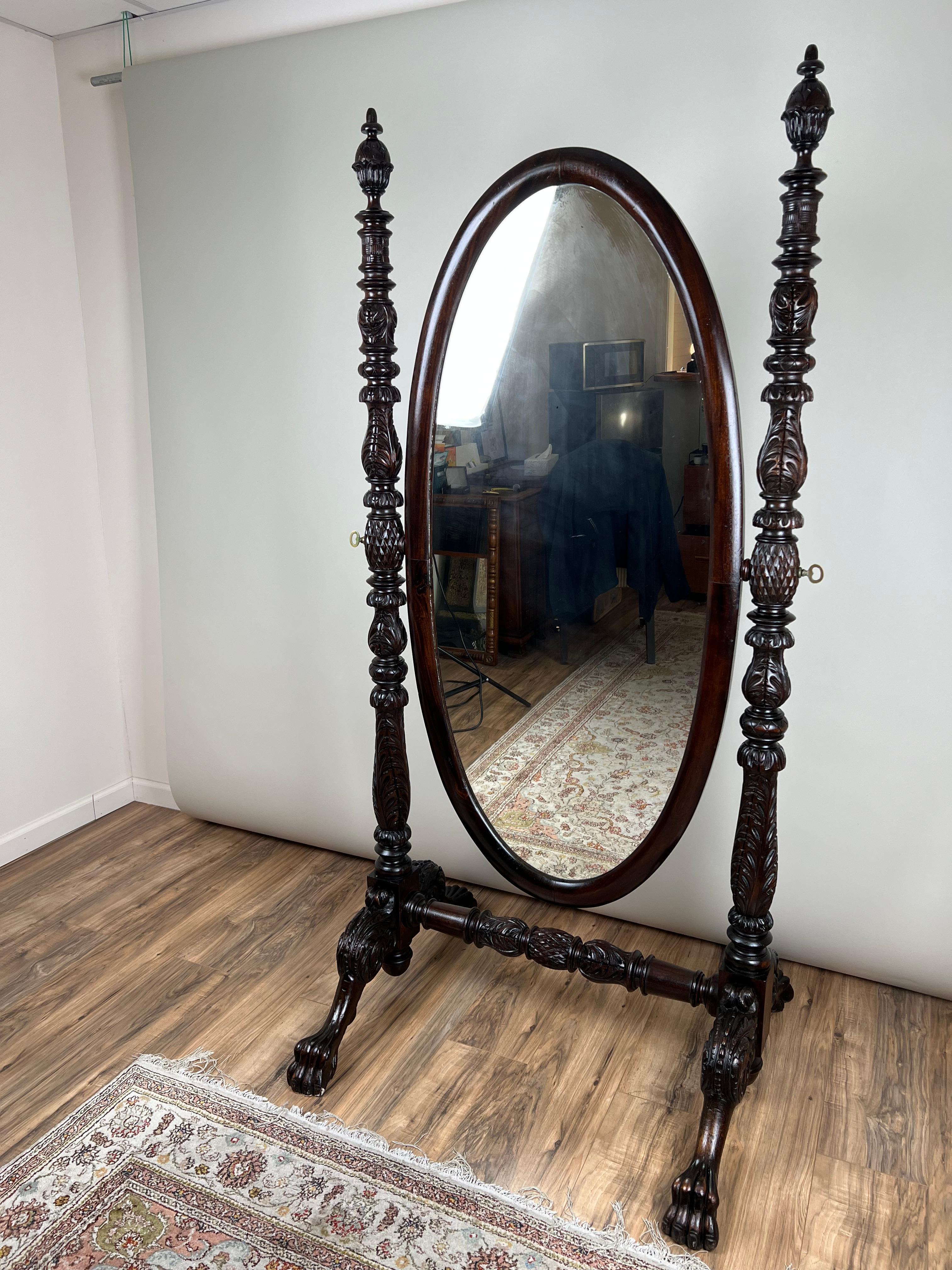 Impressive Antique Empire Acanthus and Barbola Rose Carved Cheval Mirror en vente 11