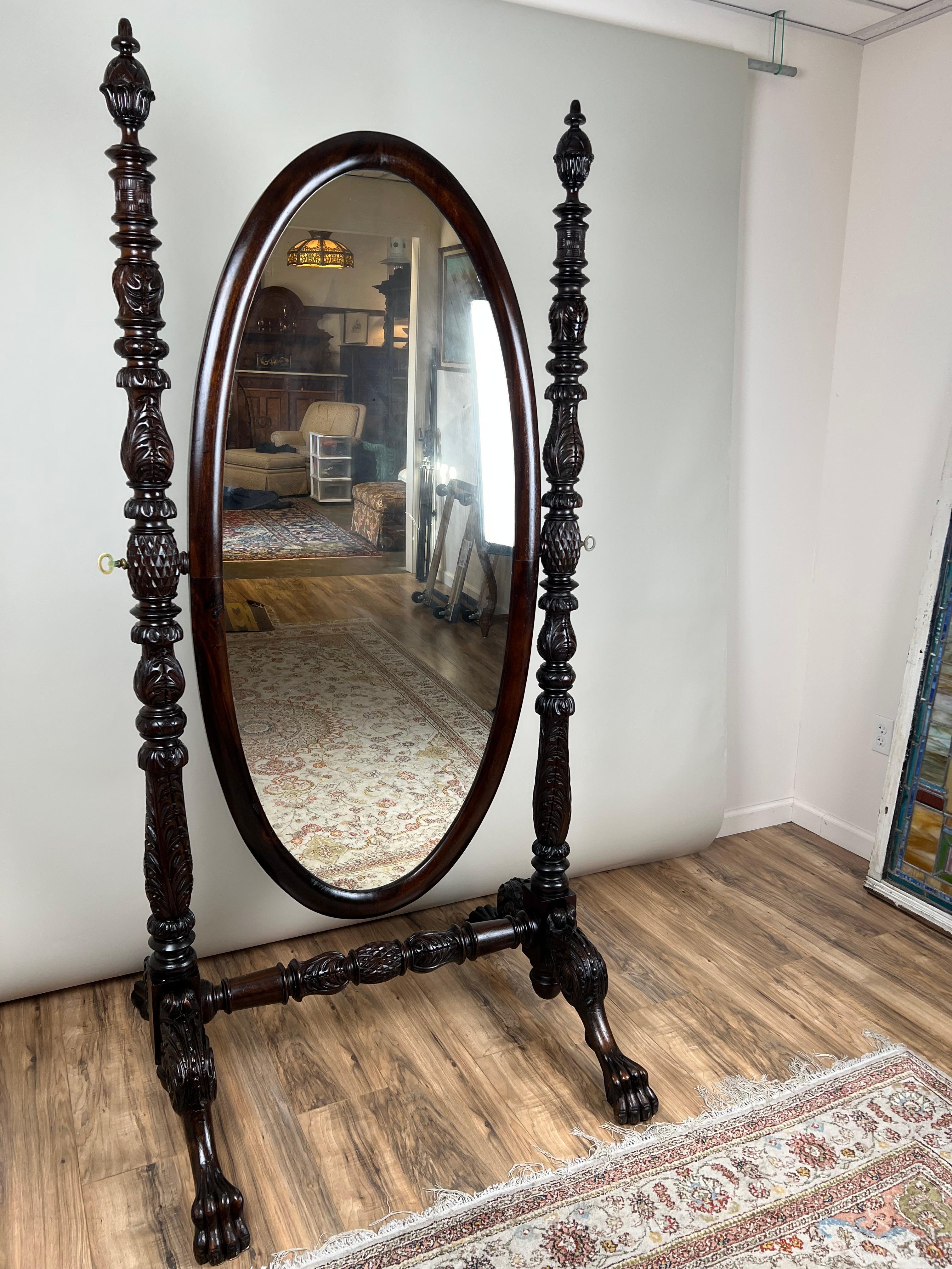 Impressive Antique Empire Acanthus and Barbola Rose Carved Cheval Mirror en vente 12