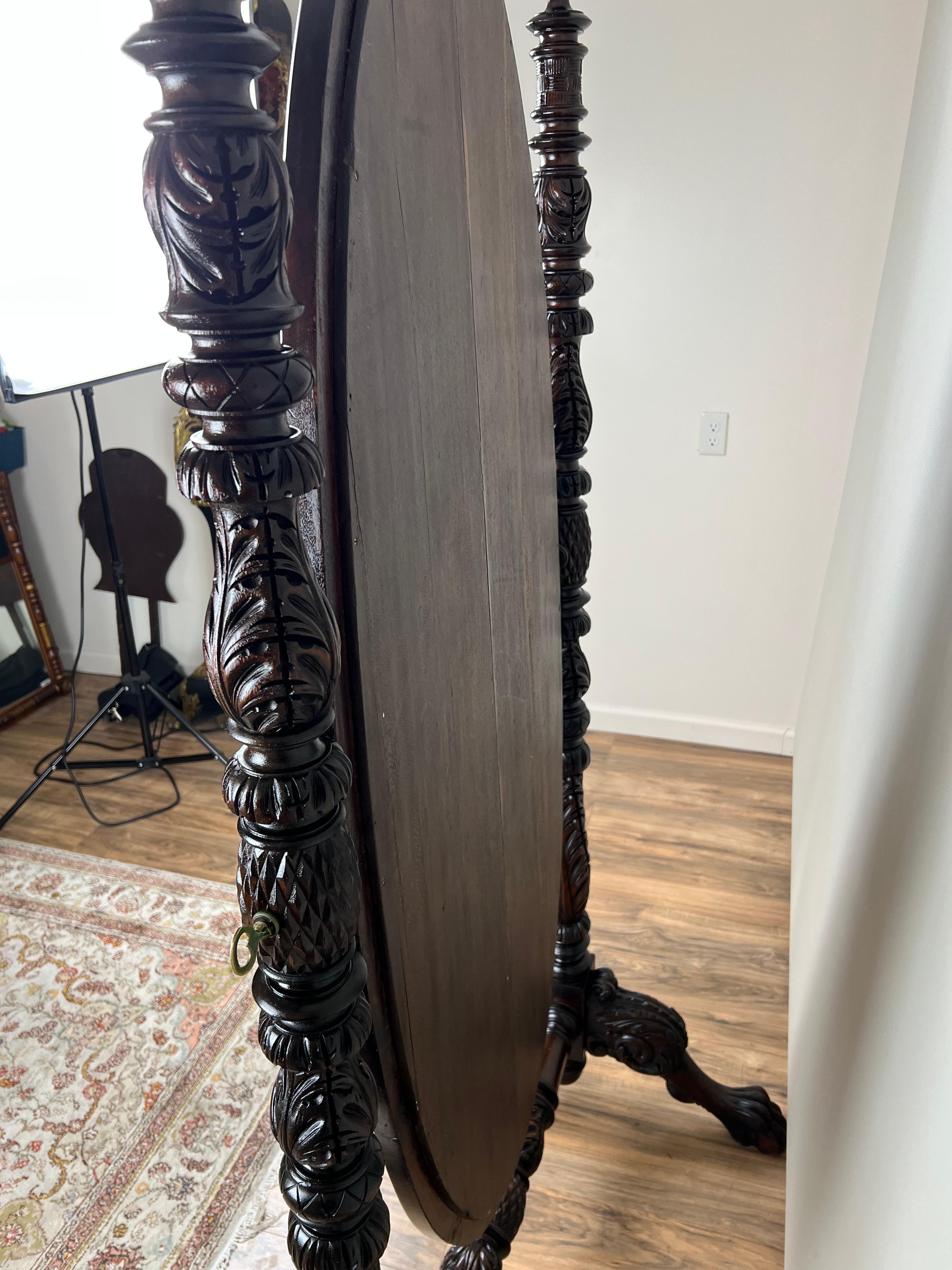 Milieu du XIXe siècle Impressive Antique Empire Acanthus and Barbola Rose Carved Cheval Mirror en vente