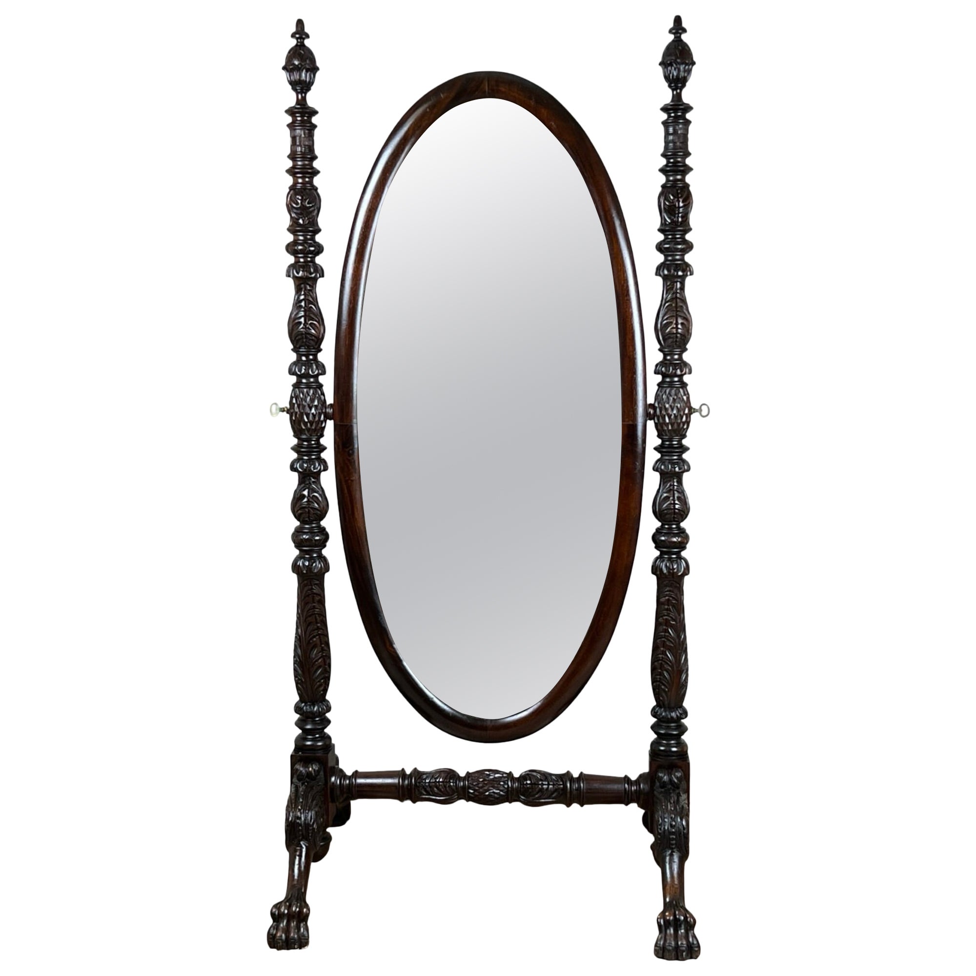 Impressive Antique Empire Acanthus and Barbola Rose Carved Cheval Mirror