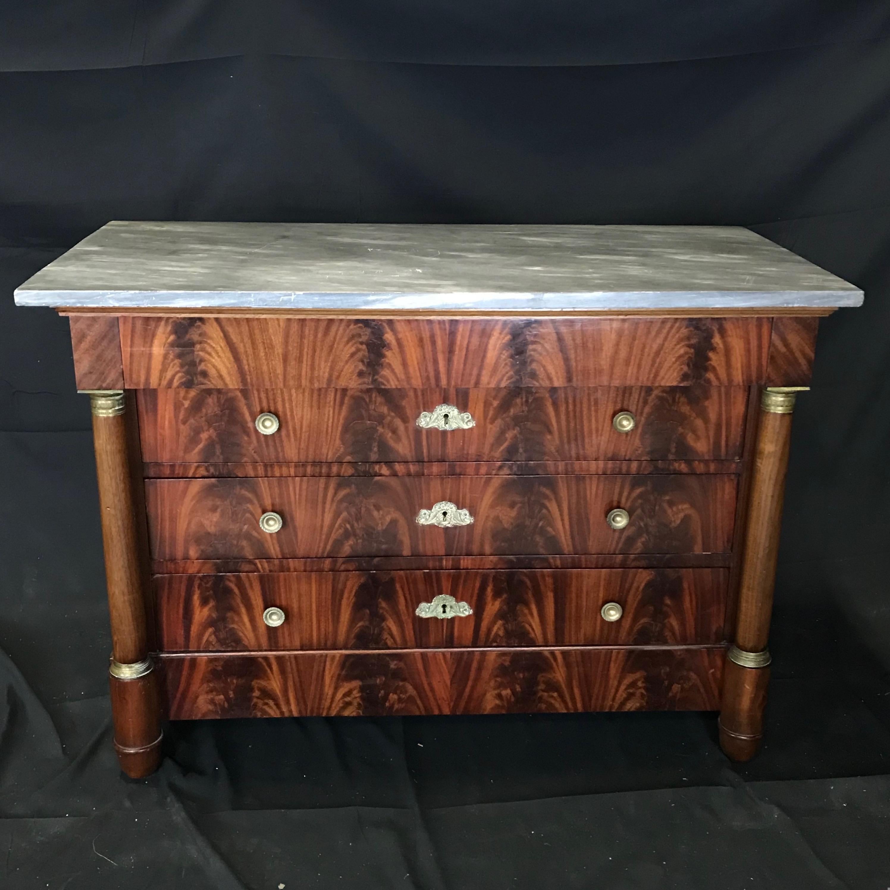 Impressive Antique Flame Mahogany French Empire Commode with Marble Top 2