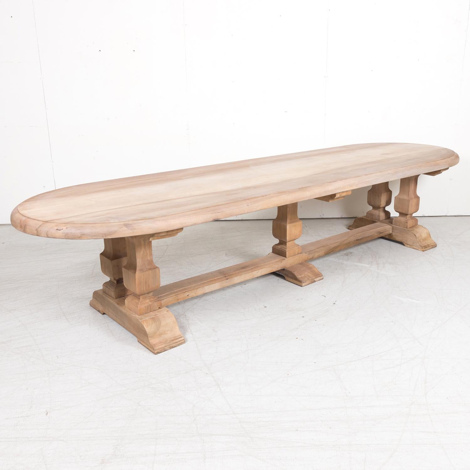 Impressive Antique French Bleached Walnut Trestle Dining Table with Rounded Ends In Good Condition In Birmingham, AL