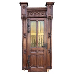Impressive Antique Hand Carved Oak Gothic Revival Door Complete with Wall Frame