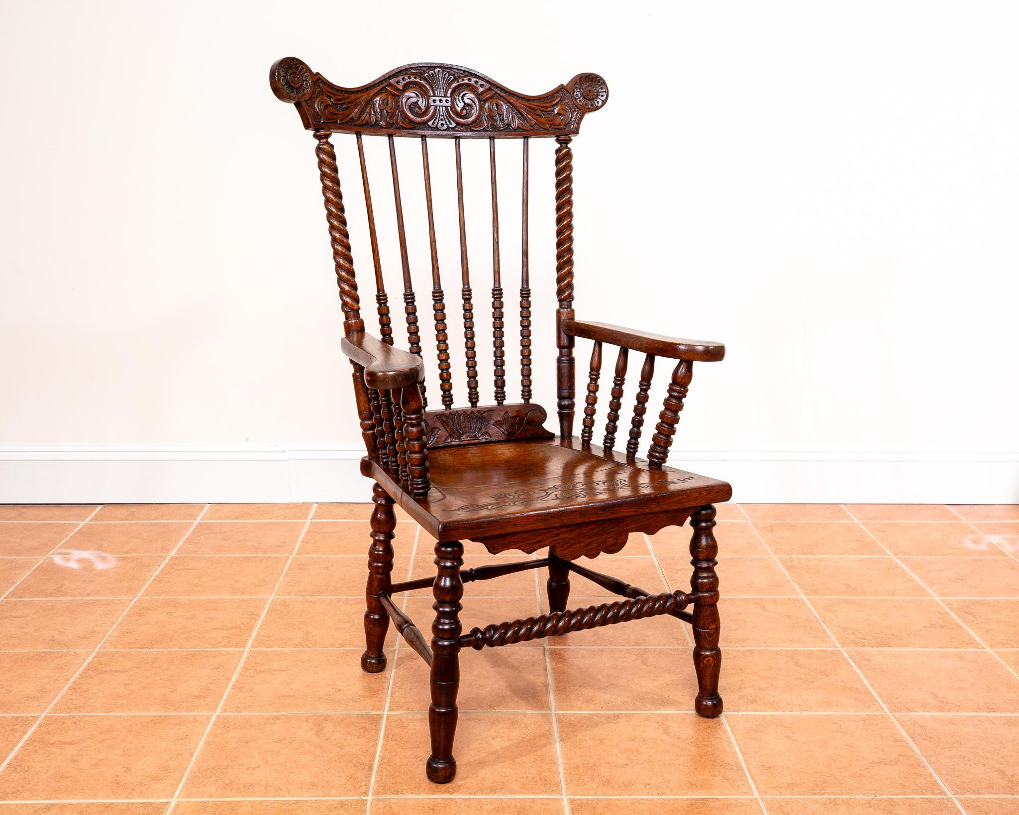Georgiano Impressionante Sedia Windsor antica in Oak Country Poltrona Fanback antica da caminetto in vendita
