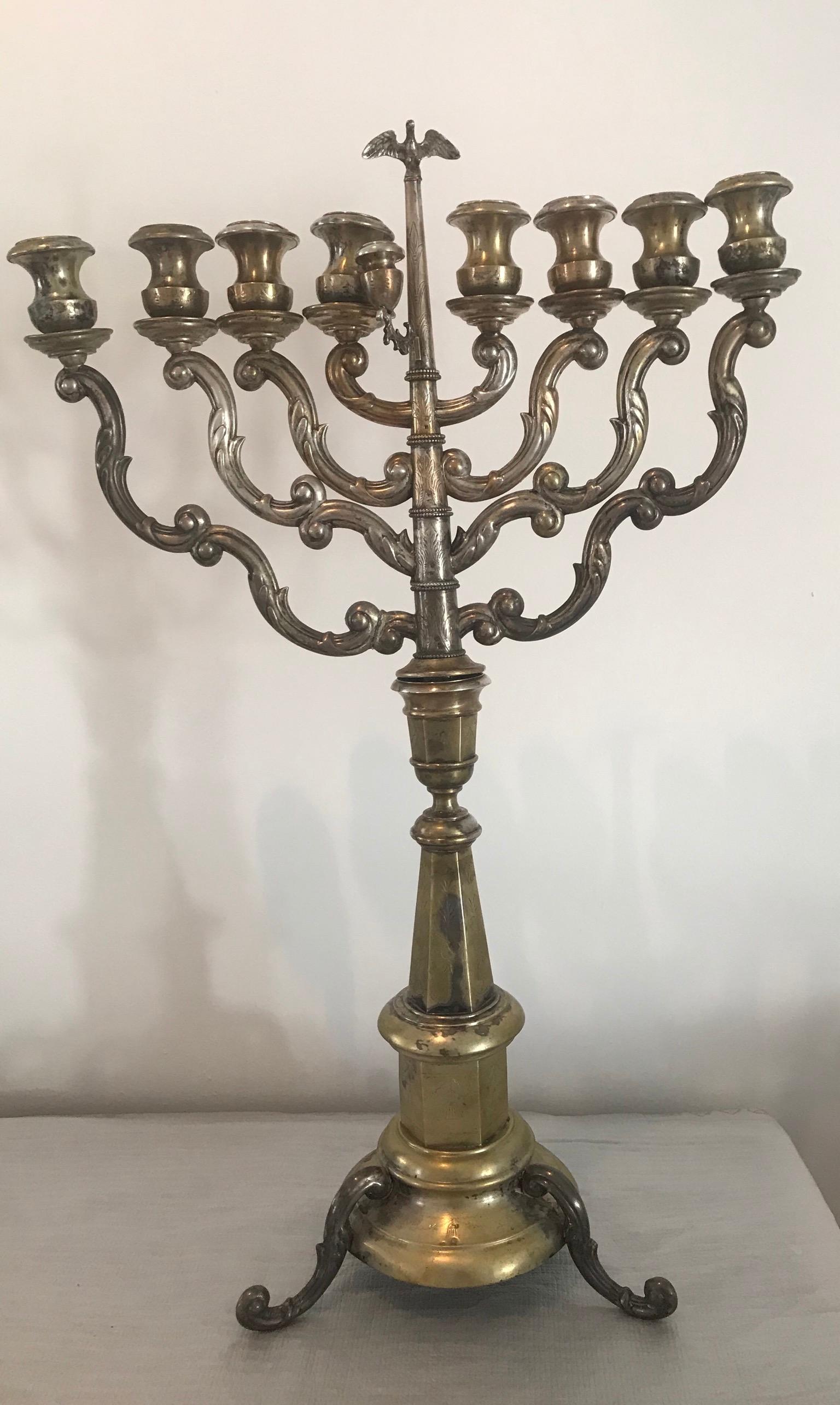 Large impressive 19th century antique silver menorah , great condition, repair to one arm at the connection.