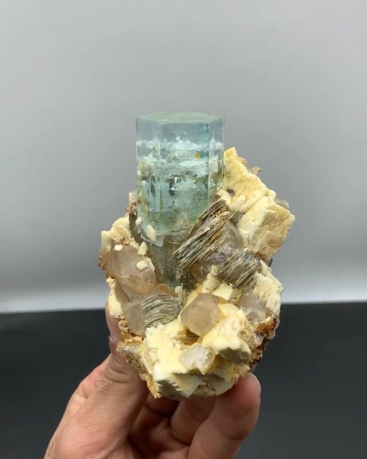 Impressive Aquamarine Crystal Positioned On Albite Matrix From Pakistan For Sale 3