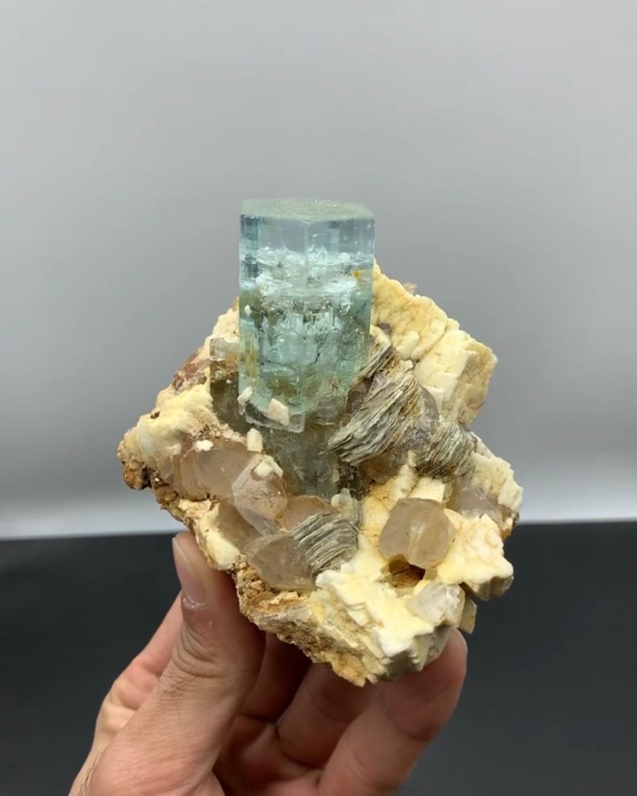 Impressive Aquamarine Crystal Positioned On Albite Matrix From Pakistan For Sale 4