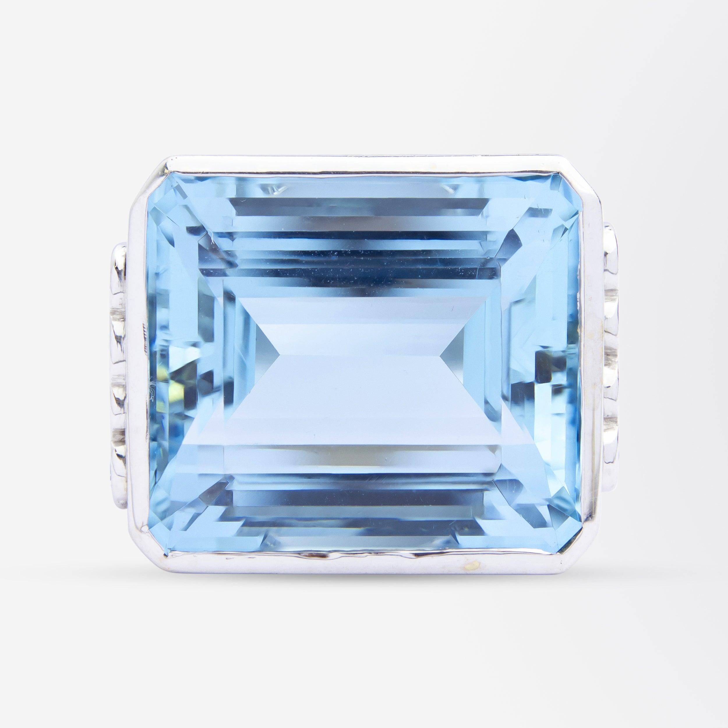 Modernist Impressive Aquamarine & Diamond Ring in 18 Karat White Gold