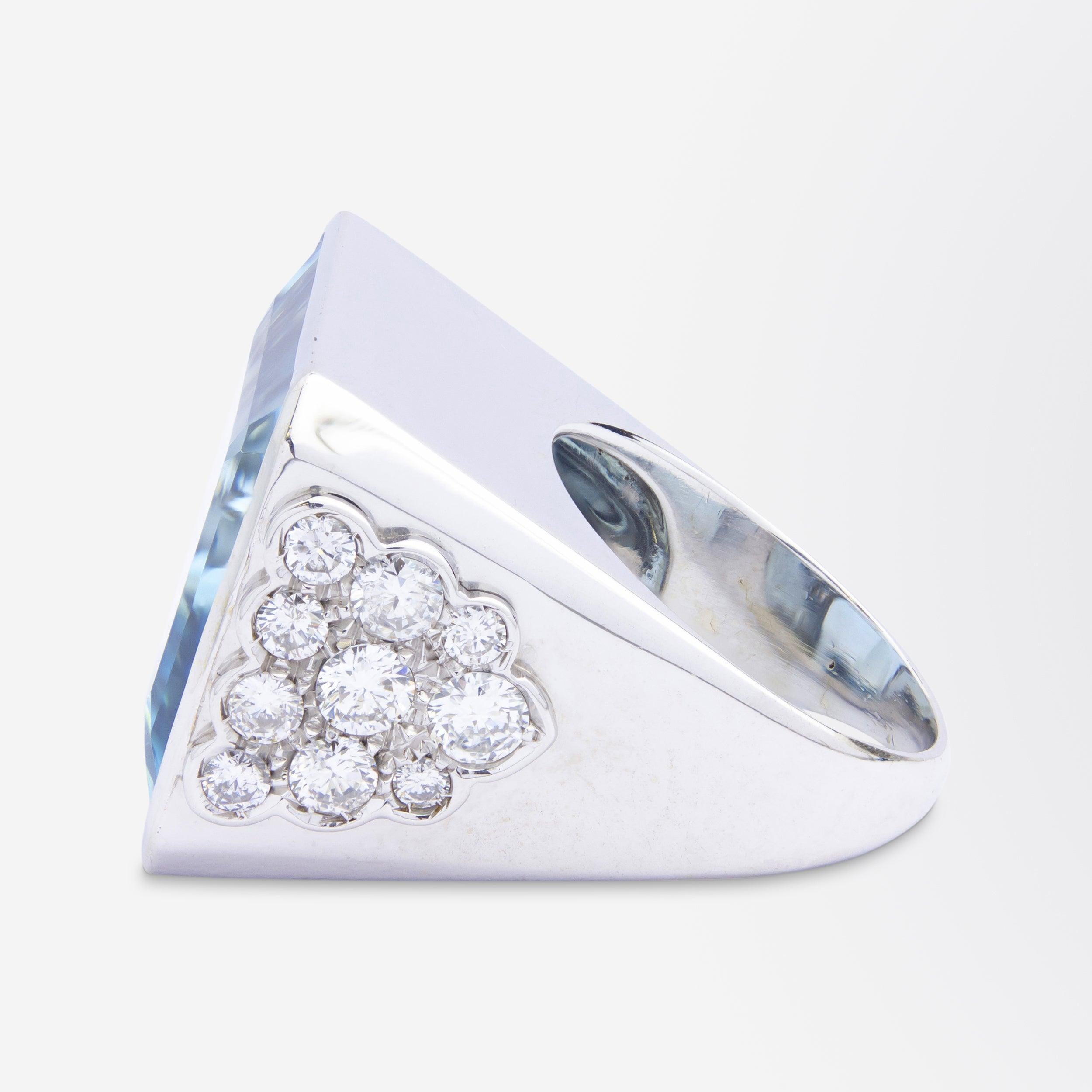Octagon Cut Impressive Aquamarine & Diamond Ring in 18 Karat White Gold