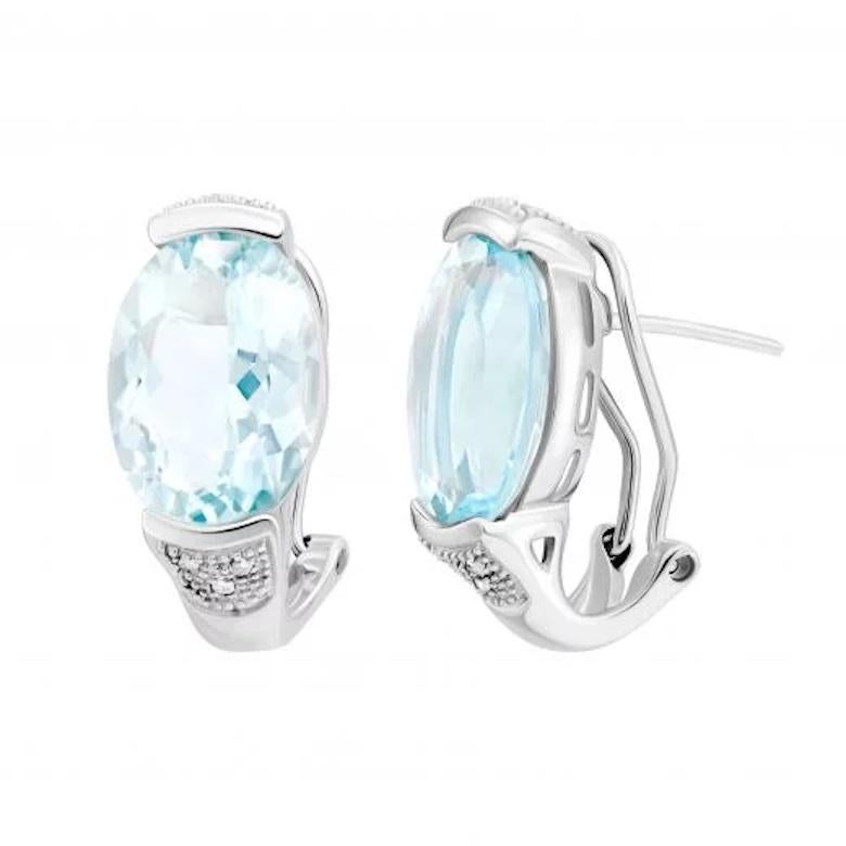 Round Cut Impressive Aquamarine White Diamond White 14K Gold Lever-Back Earrings for Her For Sale