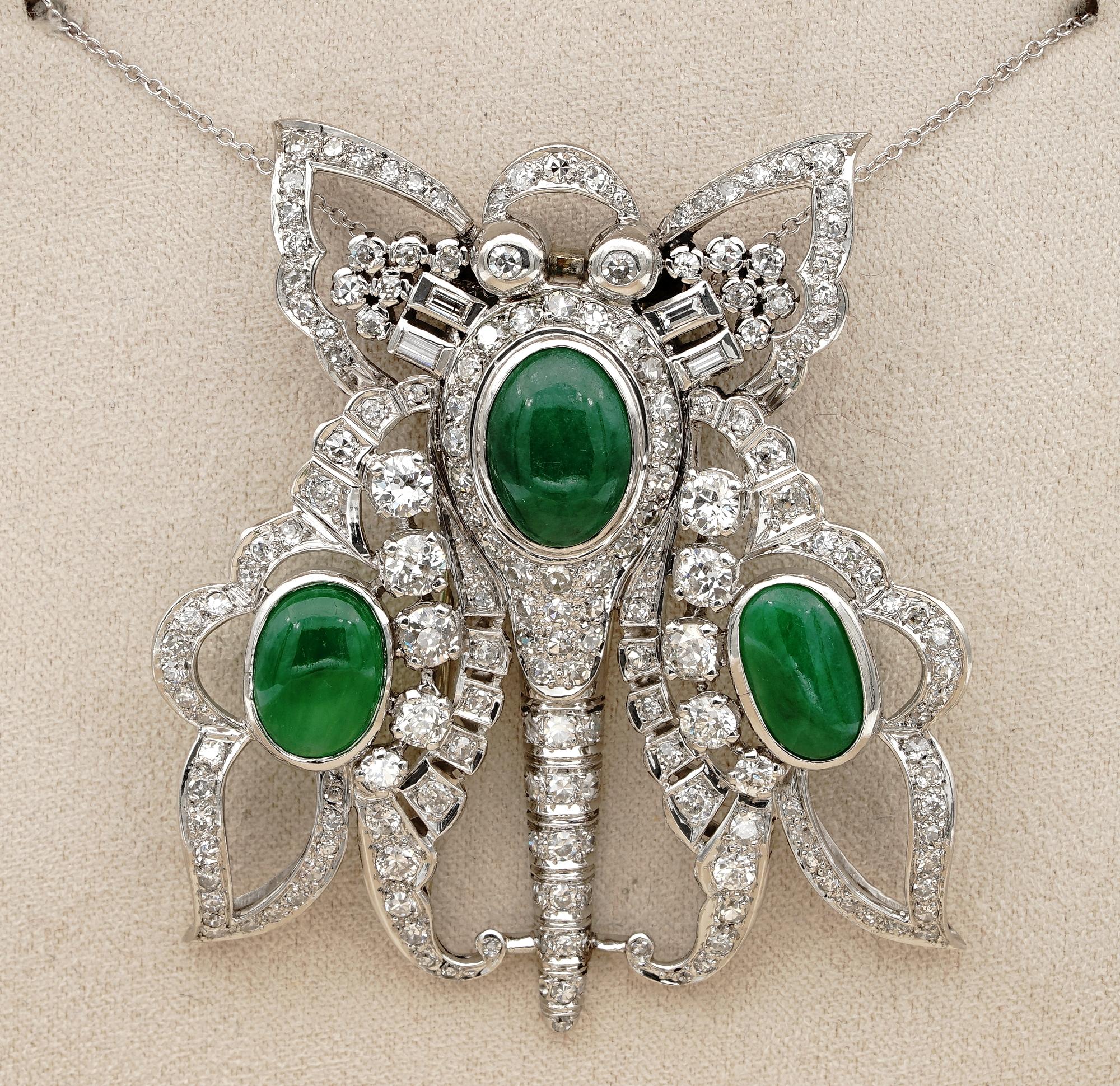 Old Mine Cut Impressive Art Deco 11.0 CT certified Jade Diamond  Butterfly Platinum Brooch For Sale