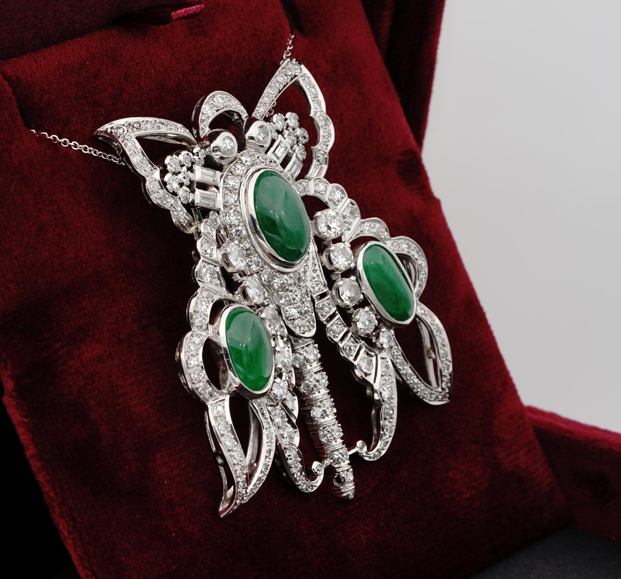 Women's or Men's Impressive Art Deco 11.0 CT certified Jade Diamond  Butterfly Platinum Brooch For Sale