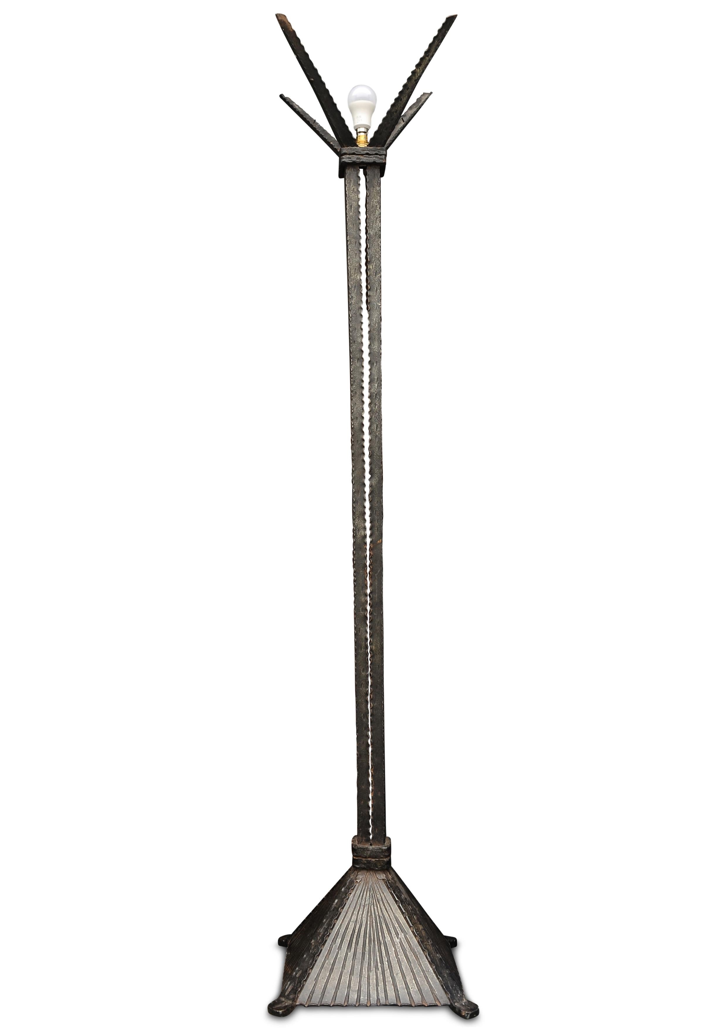 French Impressive Art Deco Edgar Brant Design Wrought Iron Square Column Floor Lamp For Sale