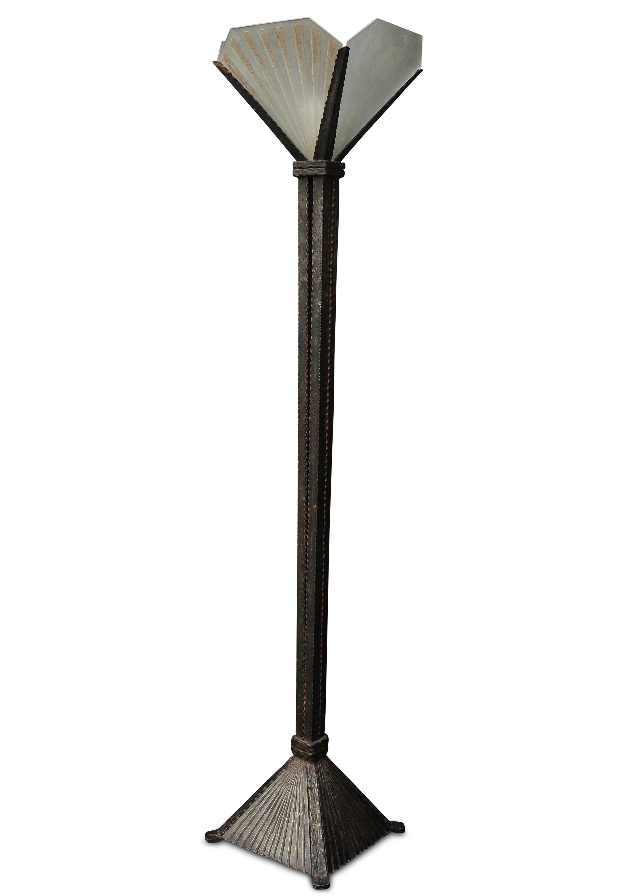 20th Century Impressive Art Deco Edgar Brant Design Wrought Iron Square Column Floor Lamp For Sale