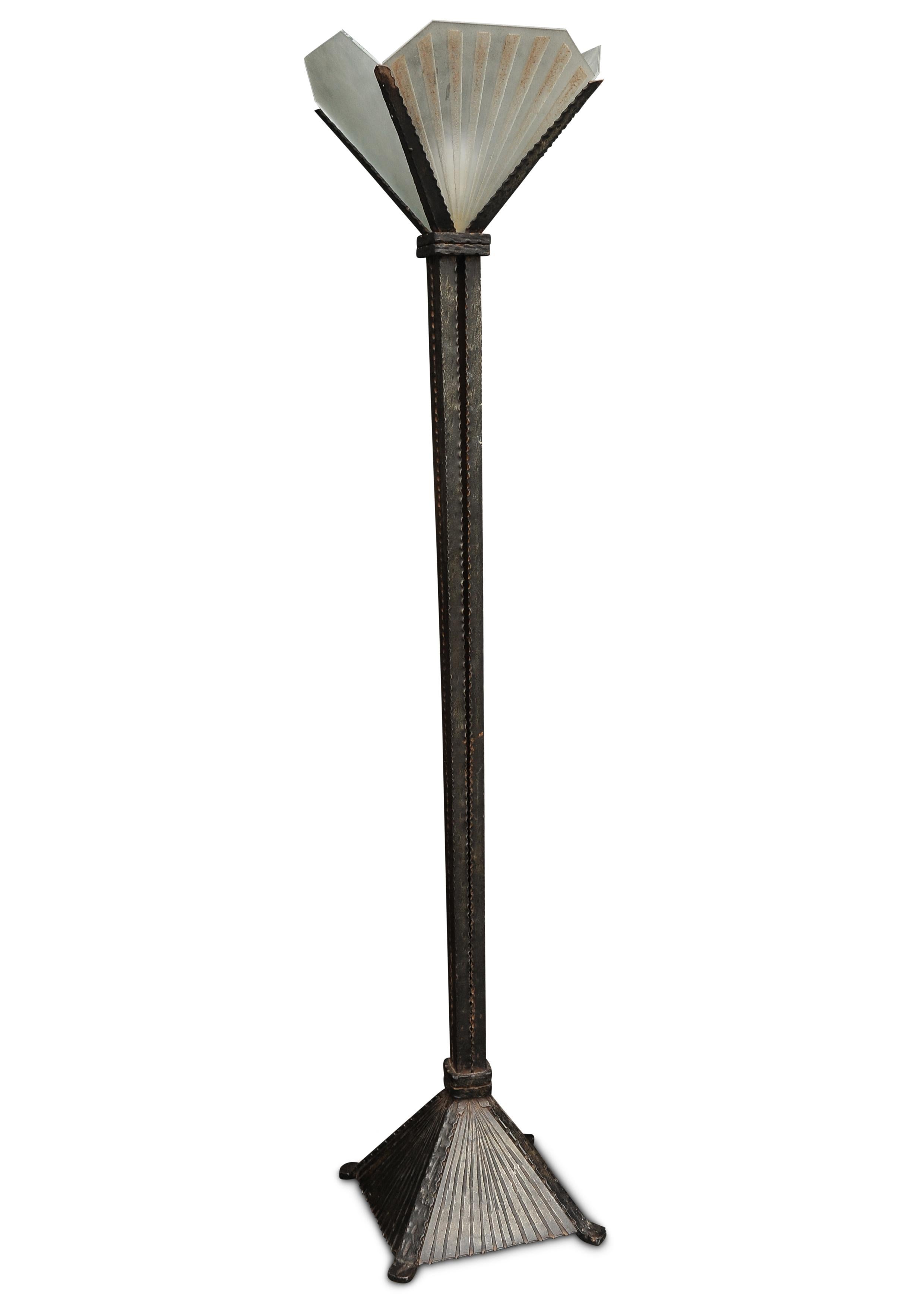 Brass Impressive Art Deco Edgar Brant Design Wrought Iron Square Column Floor Lamp For Sale