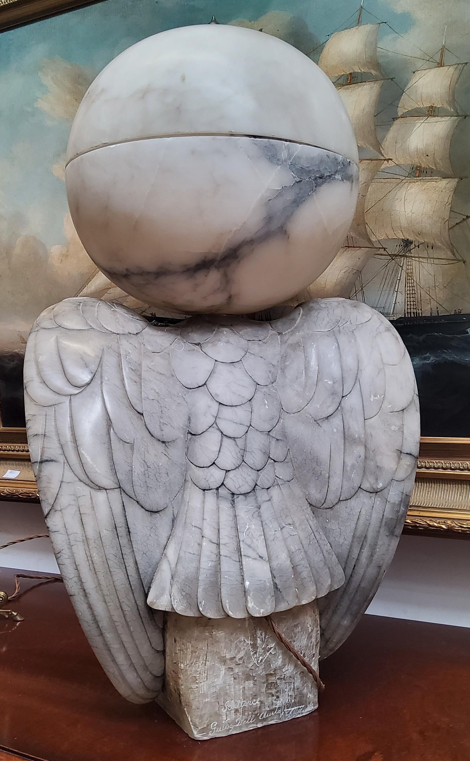 Impressive Art Deco Italian Alabaster Eagle Sculpture Globe Table Lamp Signed  For Sale 8