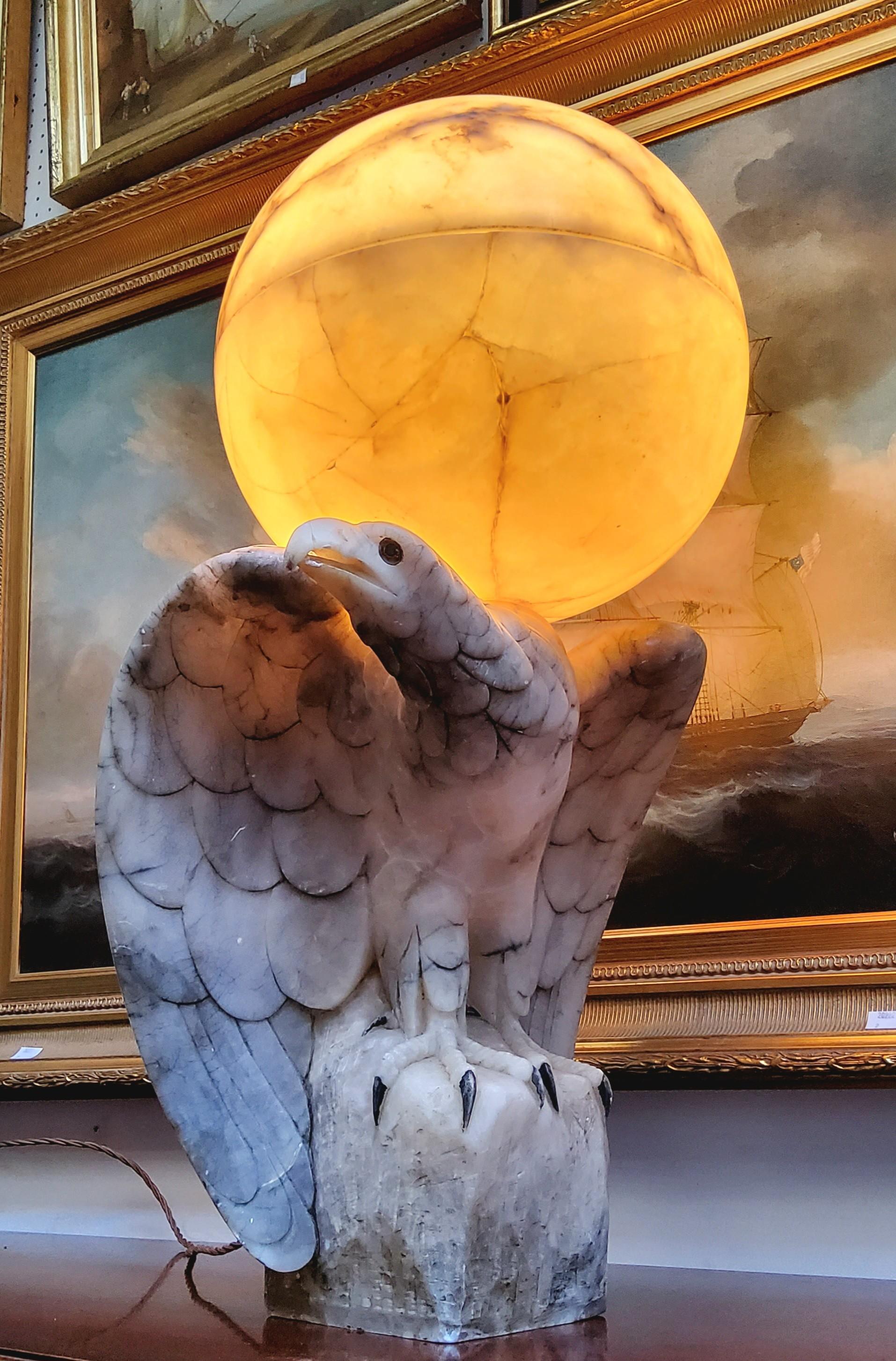 Impressive Art Deco Italian Alabaster Eagle Sculpture Globe Table Lamp Signed  In Good Condition For Sale In Nottingham, GB