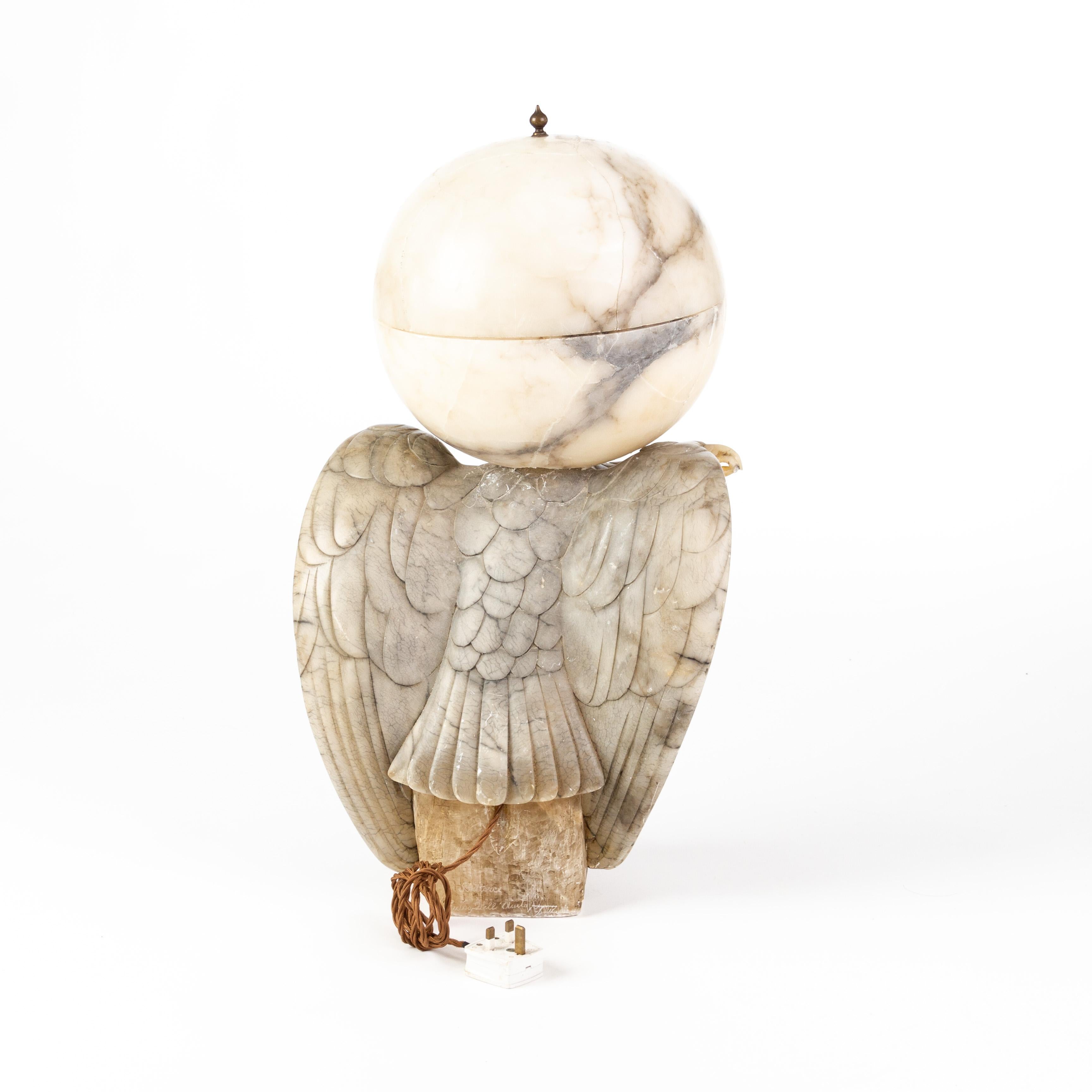 20th Century Impressive Art Deco Italian Alabaster Eagle Sculpture Globe Table Lamp Signed  For Sale