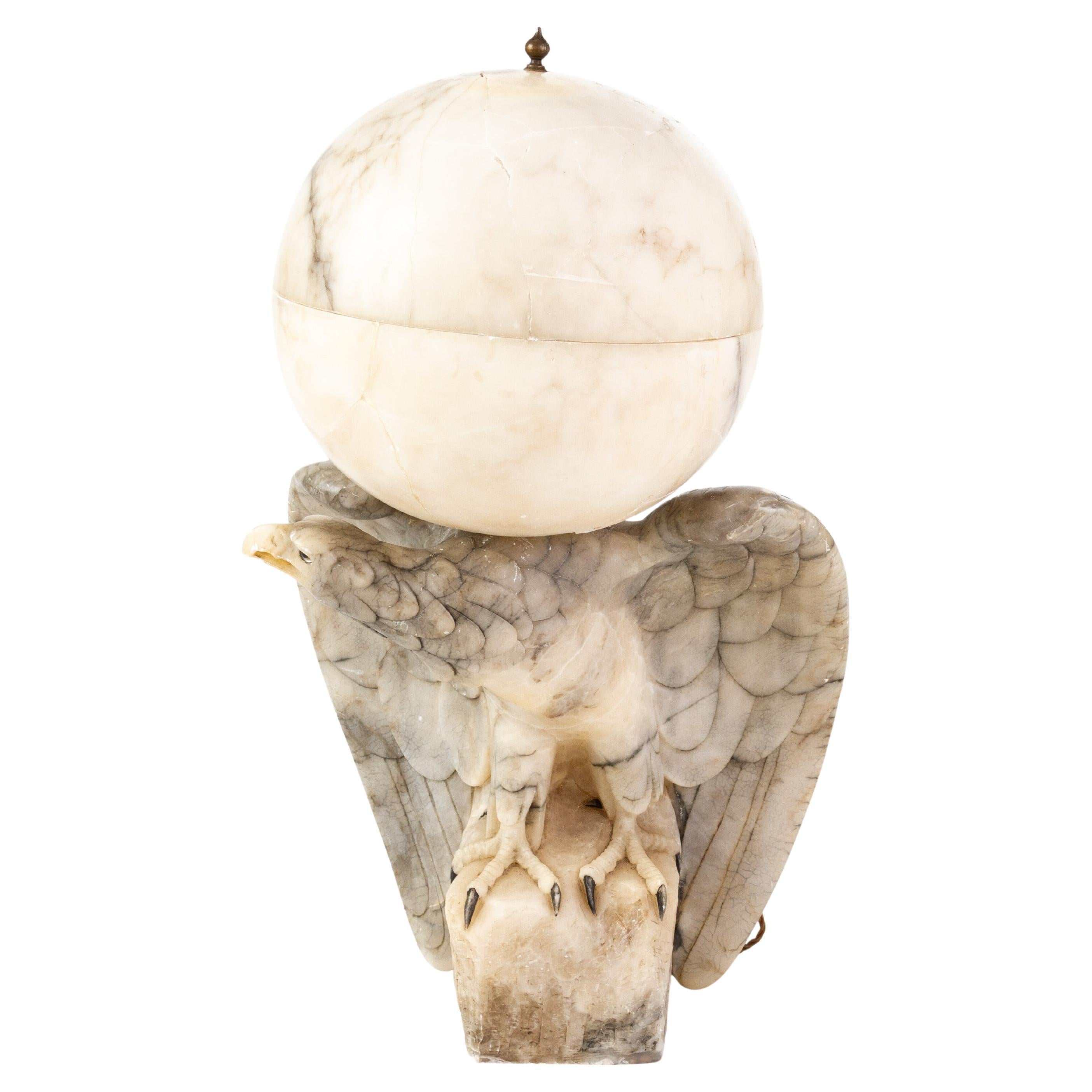 Impressive Art Deco Italian Alabaster Eagle Sculpture Globe Table Lamp Signed  For Sale