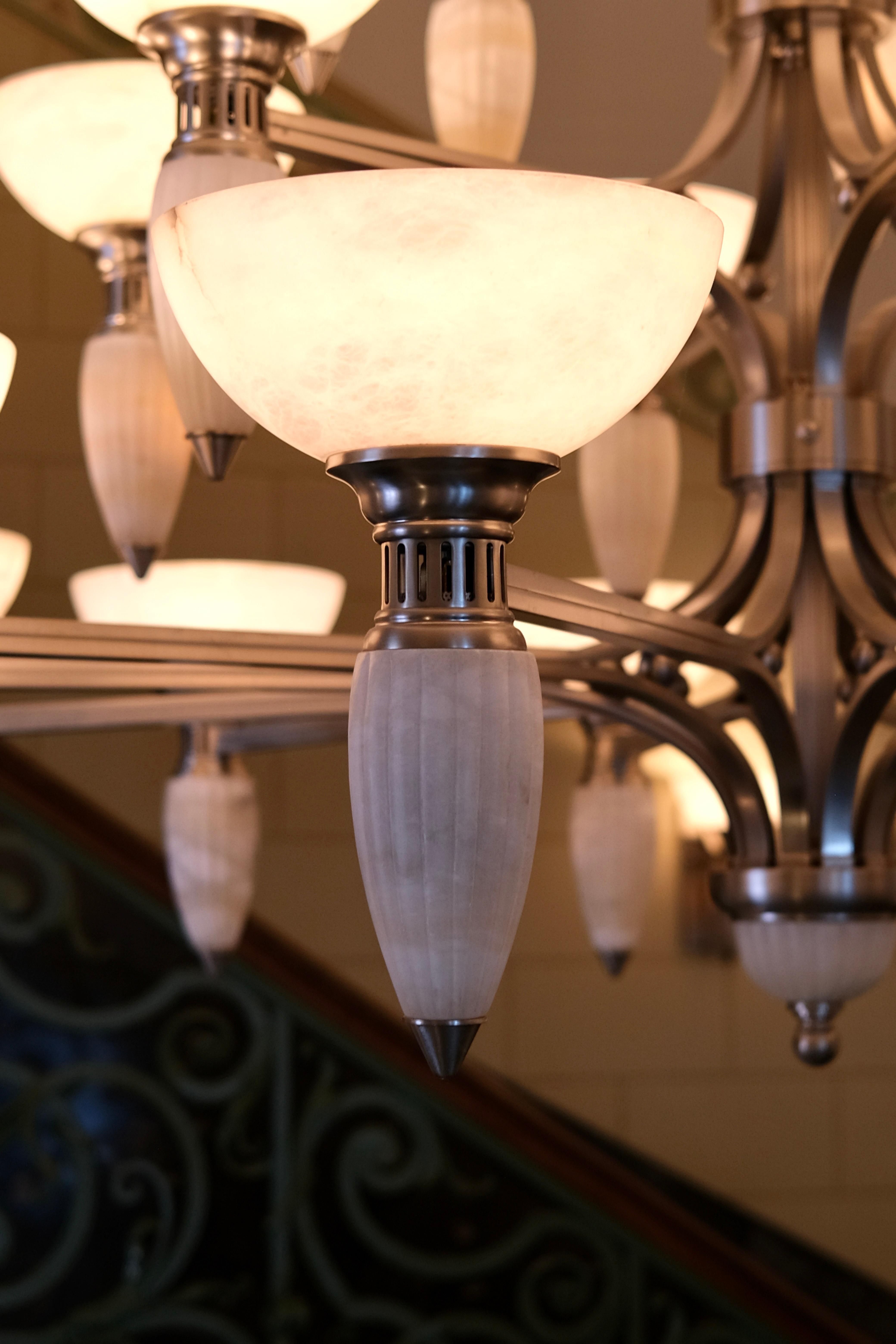 Impressive Art Deco Style Chandelier with Alabaster Bowls and Illuminated Cones For Sale 5