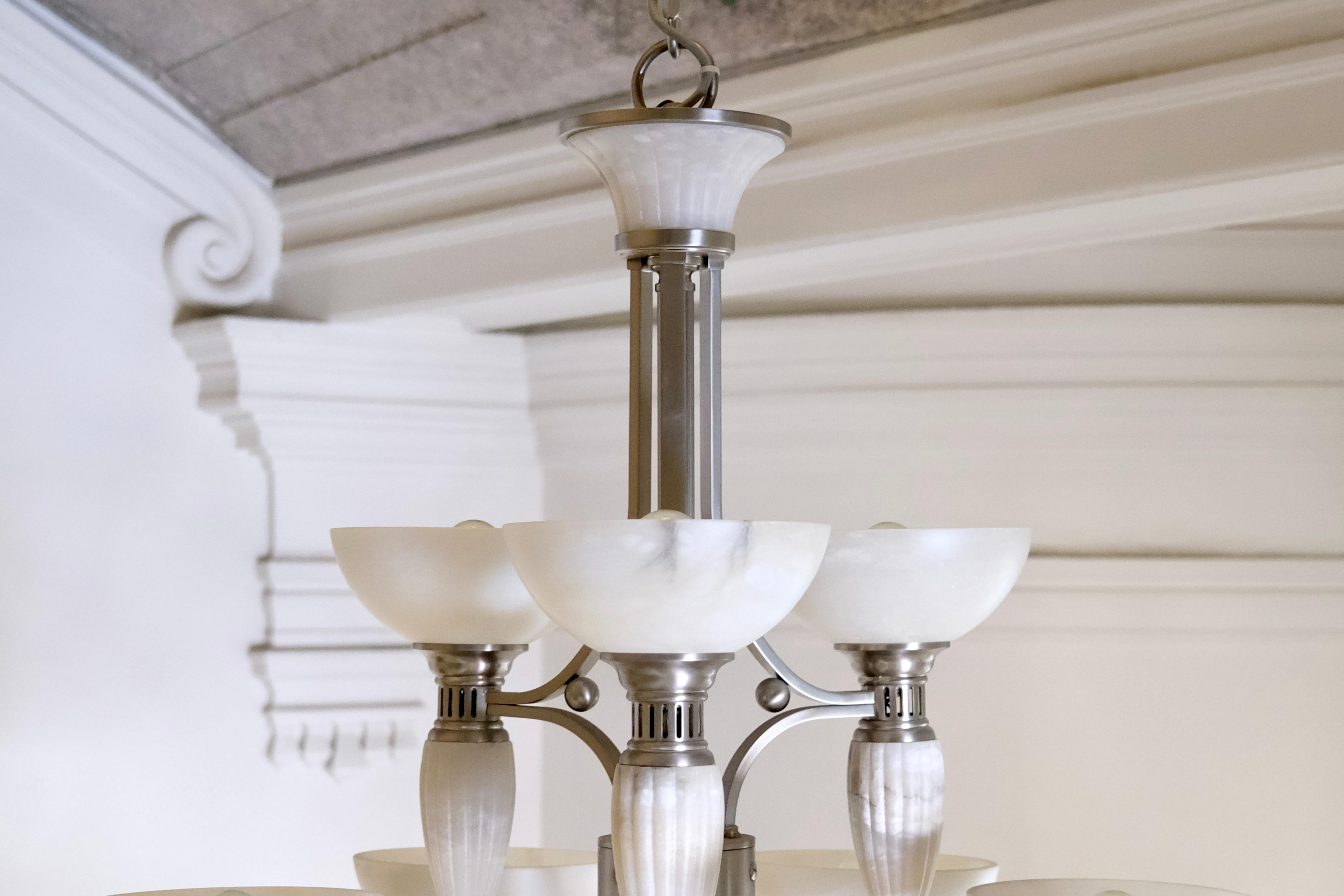 Impressive Art Deco Style Chandelier with Alabaster Bowls and Illuminated Cones For Sale 9
