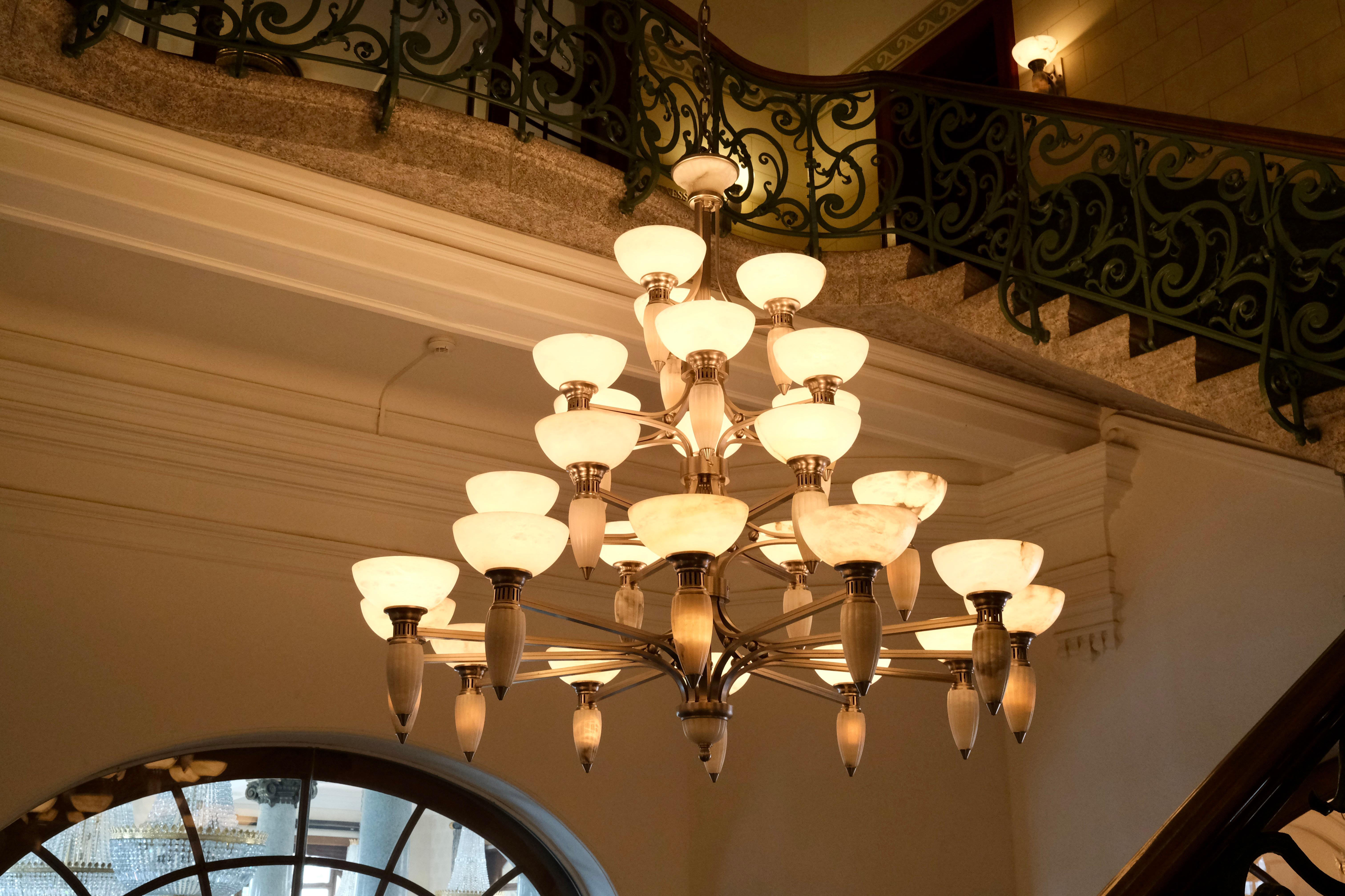 Spanish Impressive Art Deco Style Chandelier with Alabaster Bowls and Illuminated Cones For Sale
