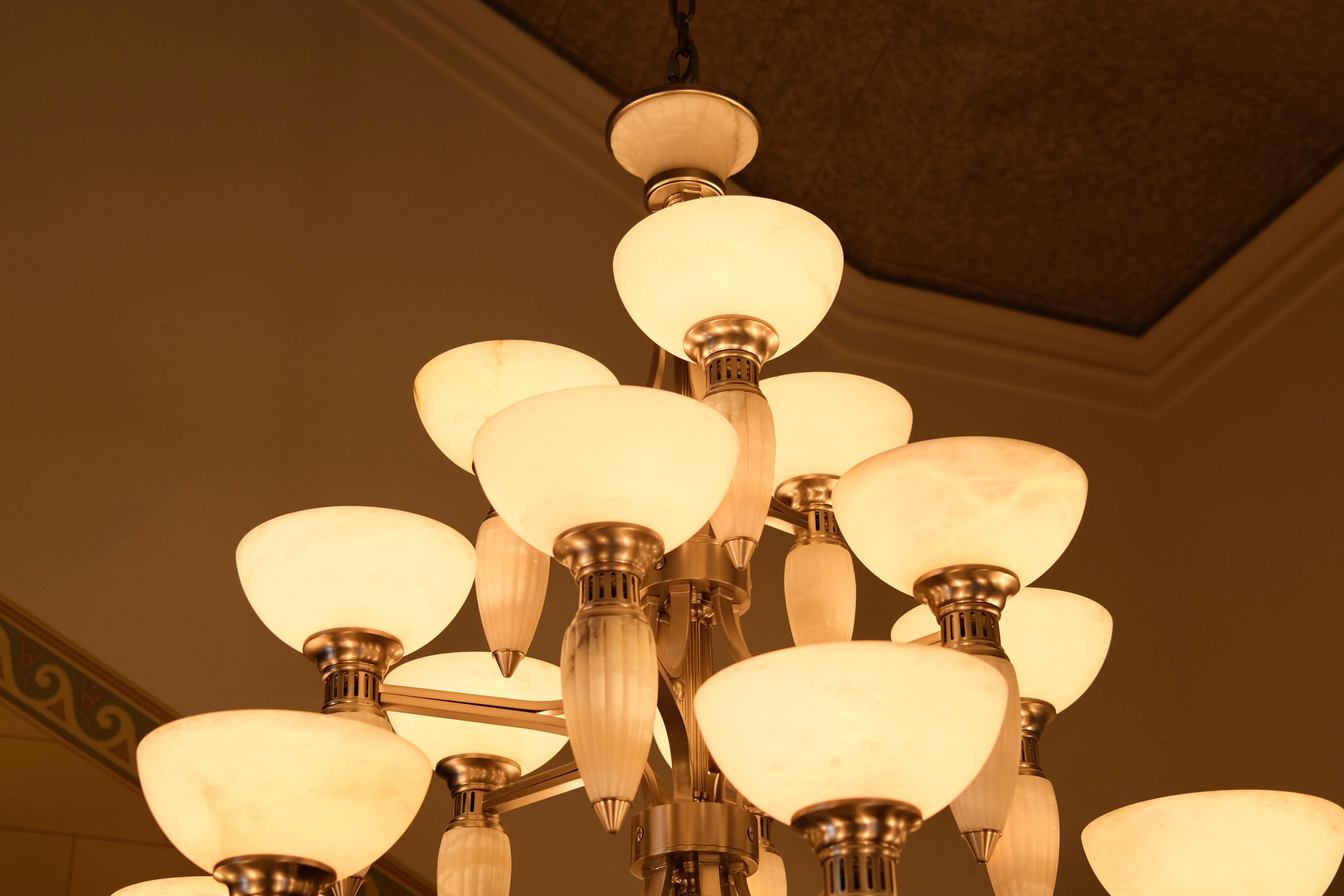 Impressive Art Deco Style Chandelier with Alabaster Bowls and Illuminated Cones For Sale 1
