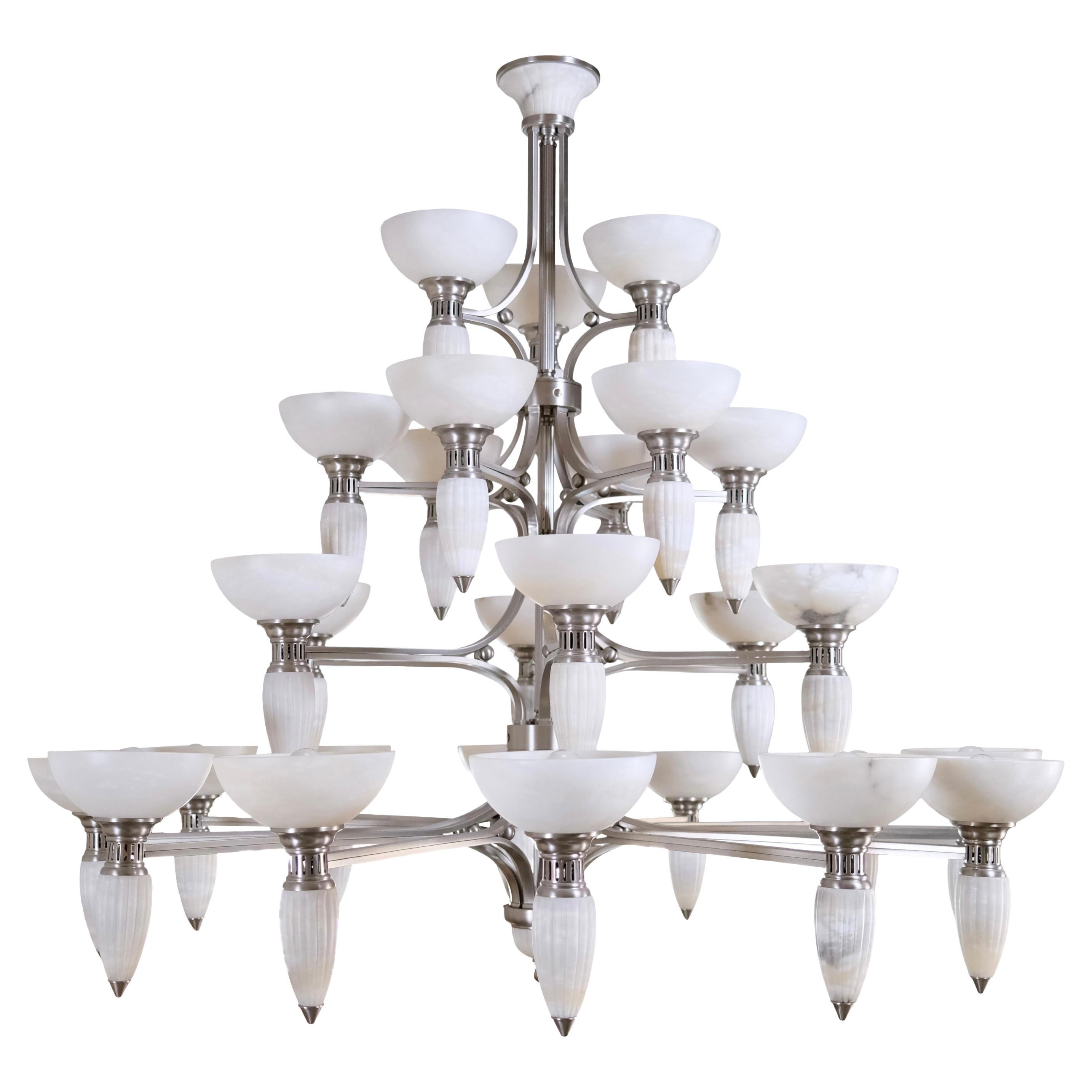 Impressive Art Deco Style Chandelier with Alabaster Bowls and Illuminated Cones For Sale