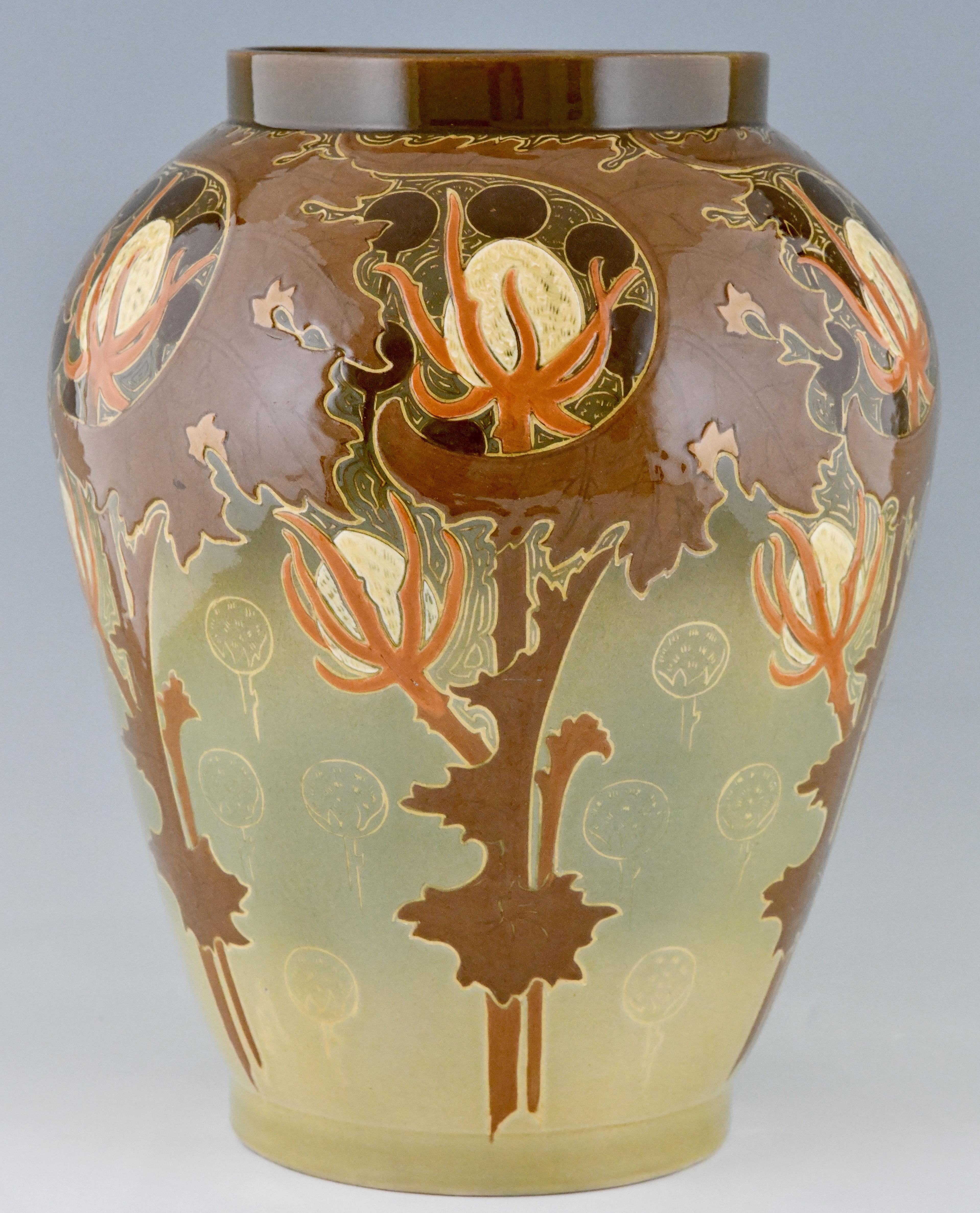 French Impressive Art Nouveau Ceramic Vase with Flowers by Hippolyte Boulenger ca. 1900