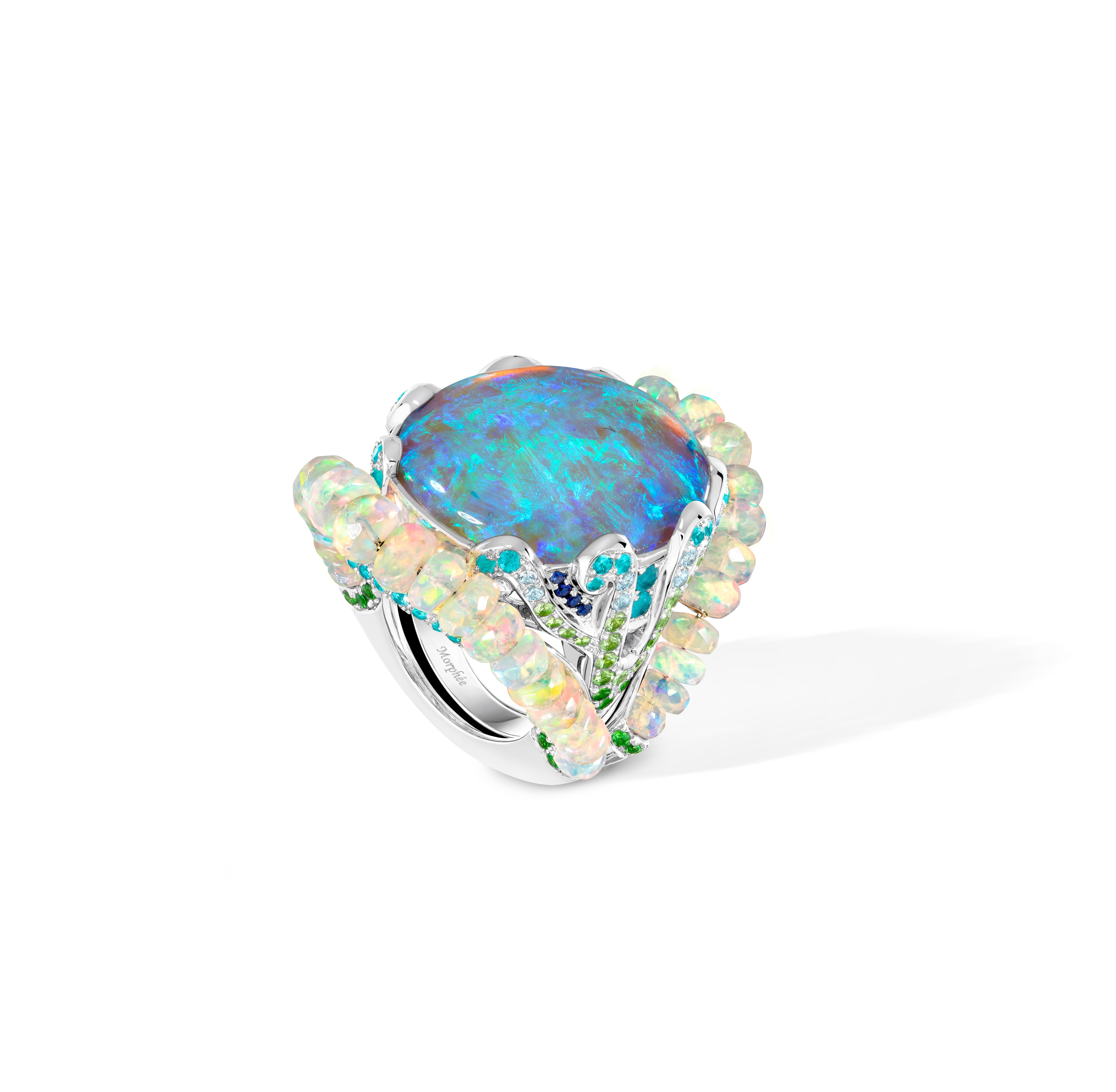 Cabochon Impressive Australian Black Crystal Opal Cocktail Ring For Sale