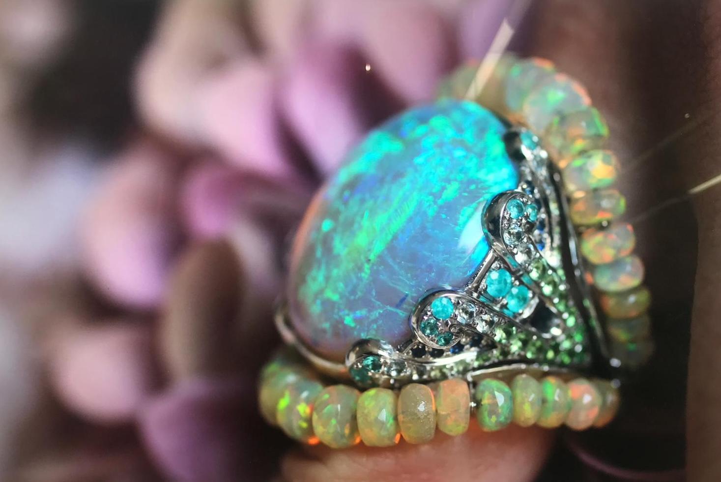 Impressive Australian Black Crystal Opal Cocktail Ring For Sale 1