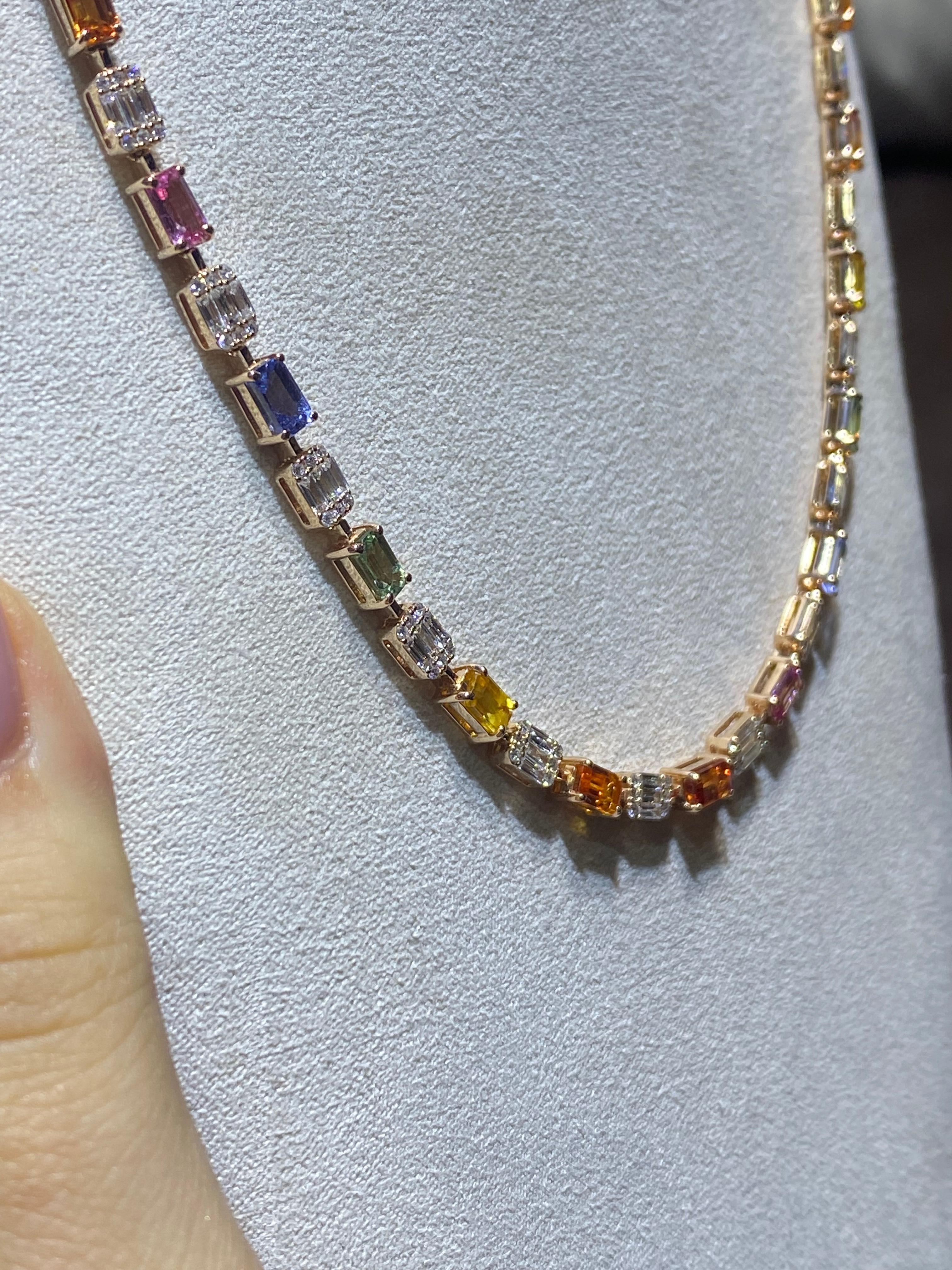 Round Cut Impressive Baguette Multi Sapphire White 18k Gold Necklace for Her For Sale