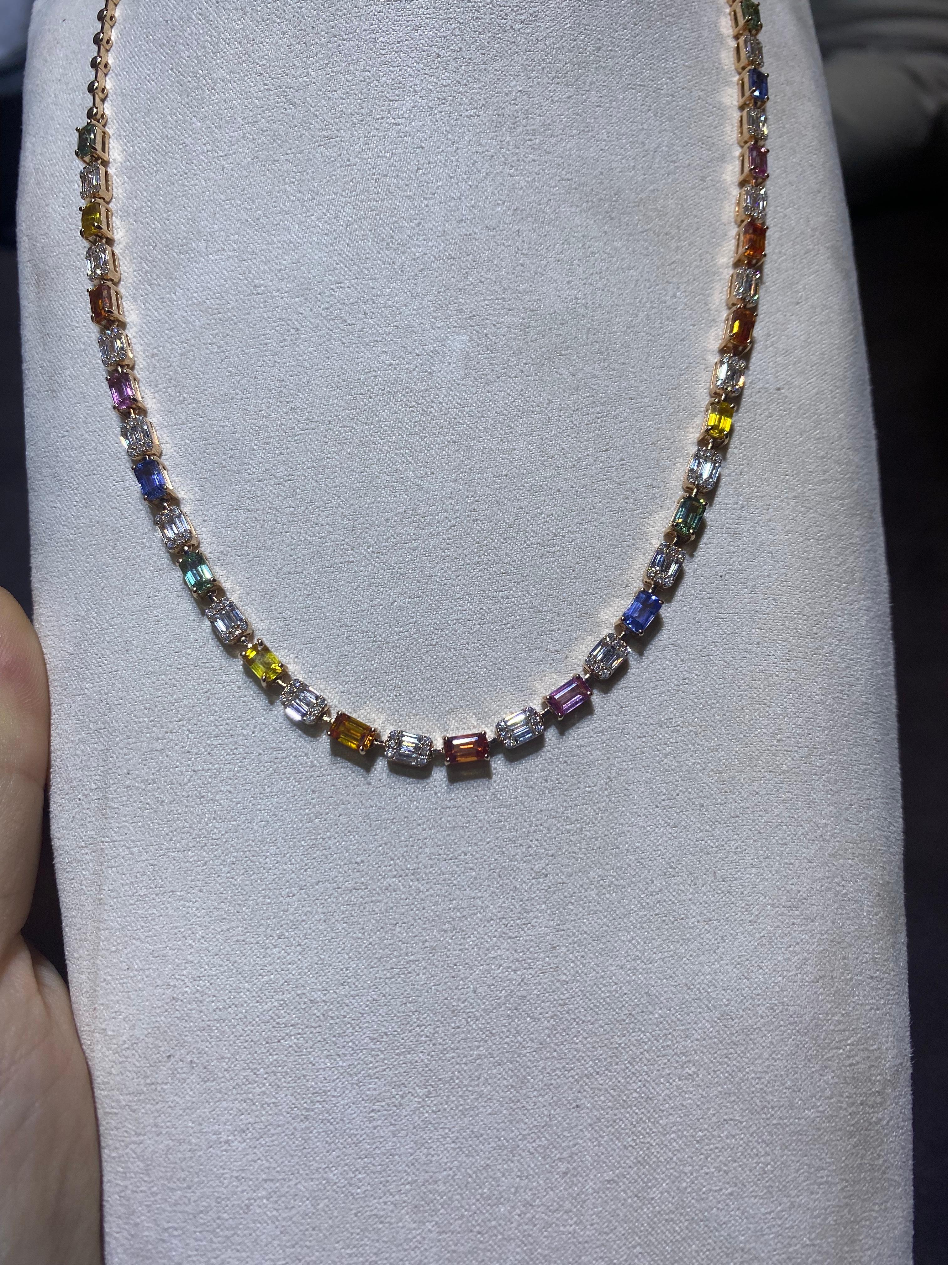 Donna Impressionante collana Baguette Multi Sapphire White in oro 18k per lei in vendita