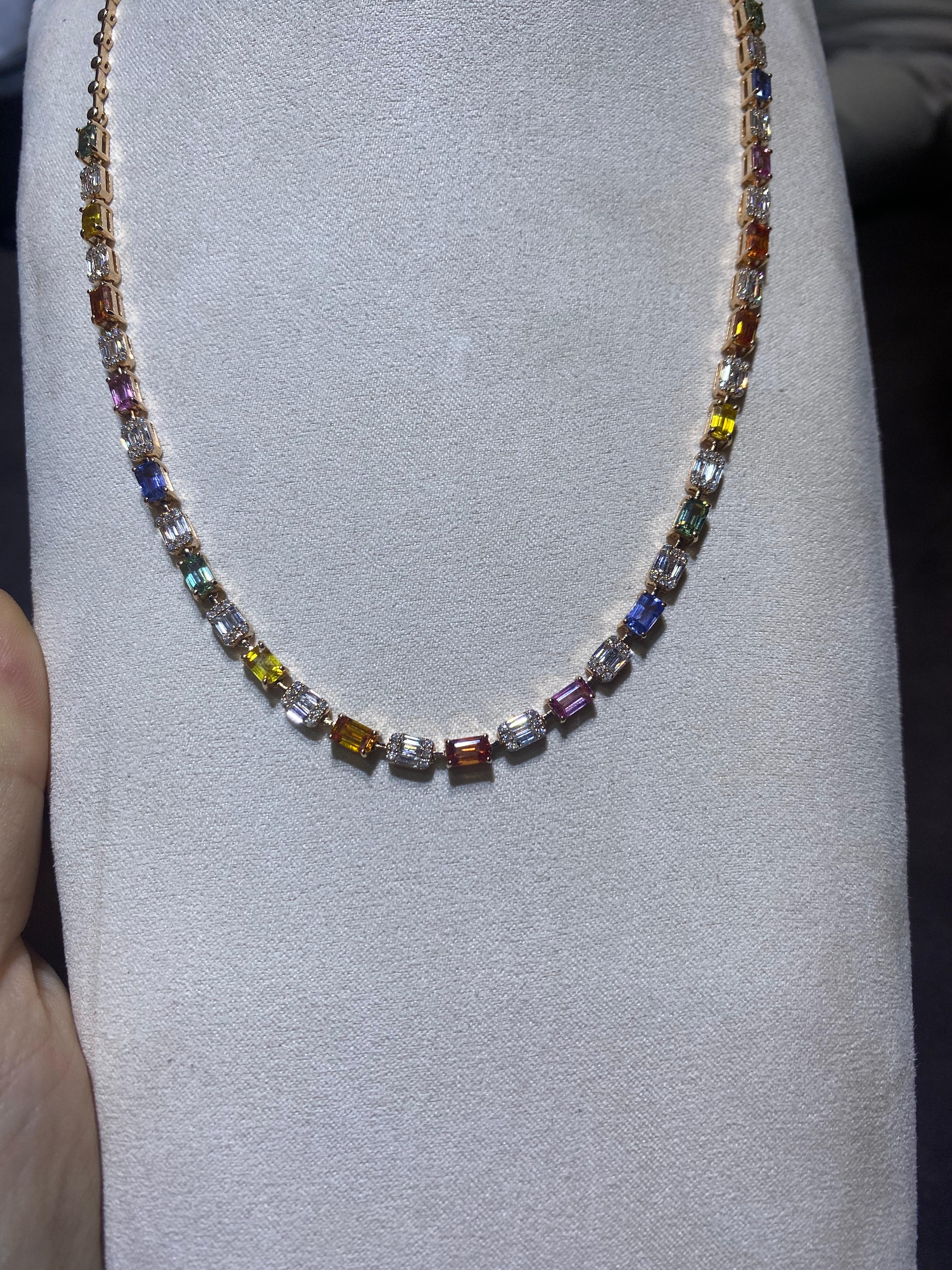 Women's Impressive Baguette Multi Sapphire White 18k Gold Necklace for Her For Sale