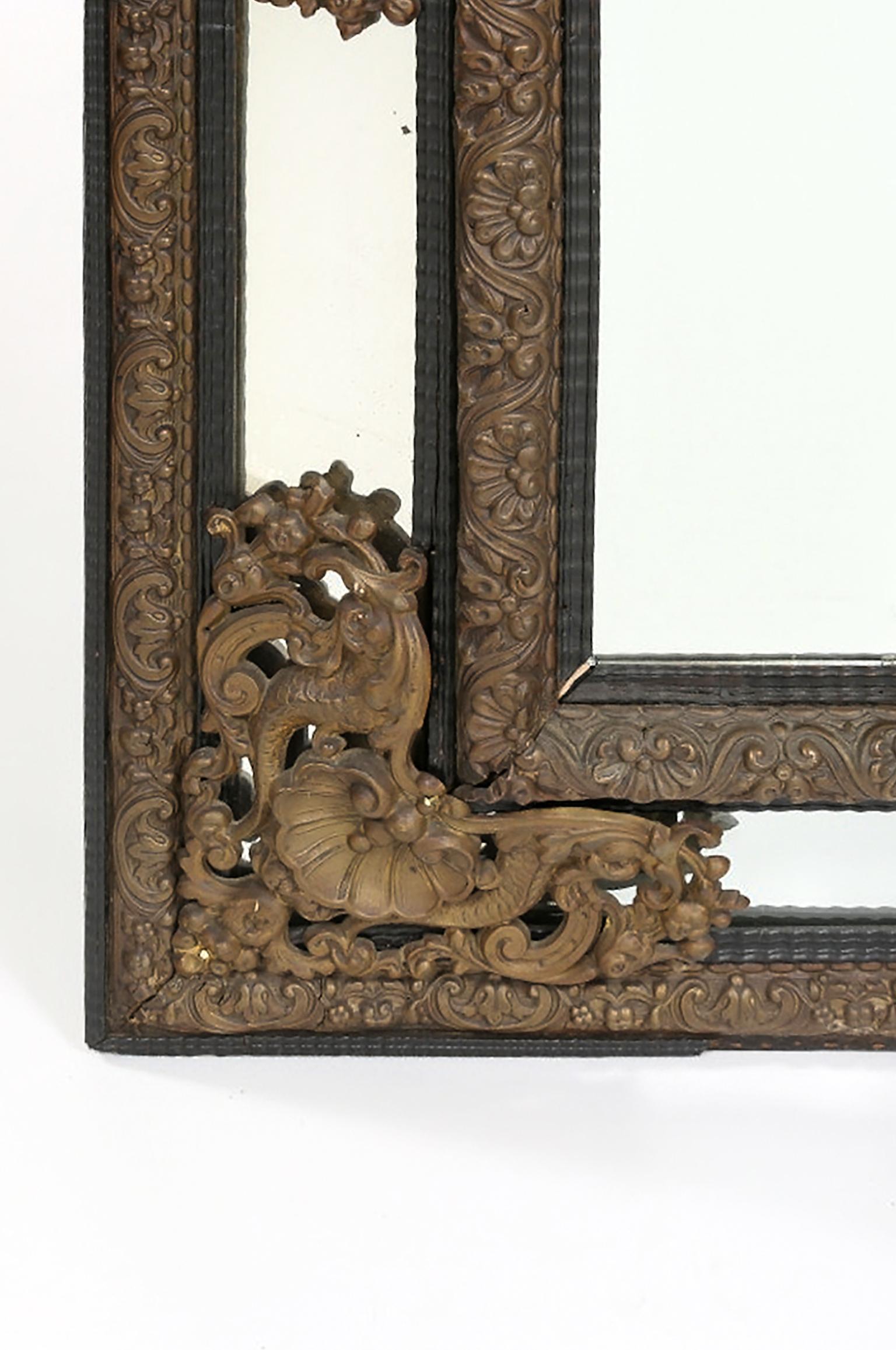 19th Century Impressive Baroque Style / Brass Embossed Beveled Wall Mirror For Sale