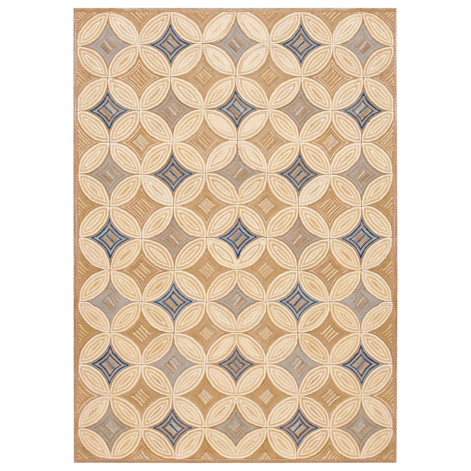 Impressive Beige Cream Geometric Pattern Contemporary Cotton American Hooked Rug