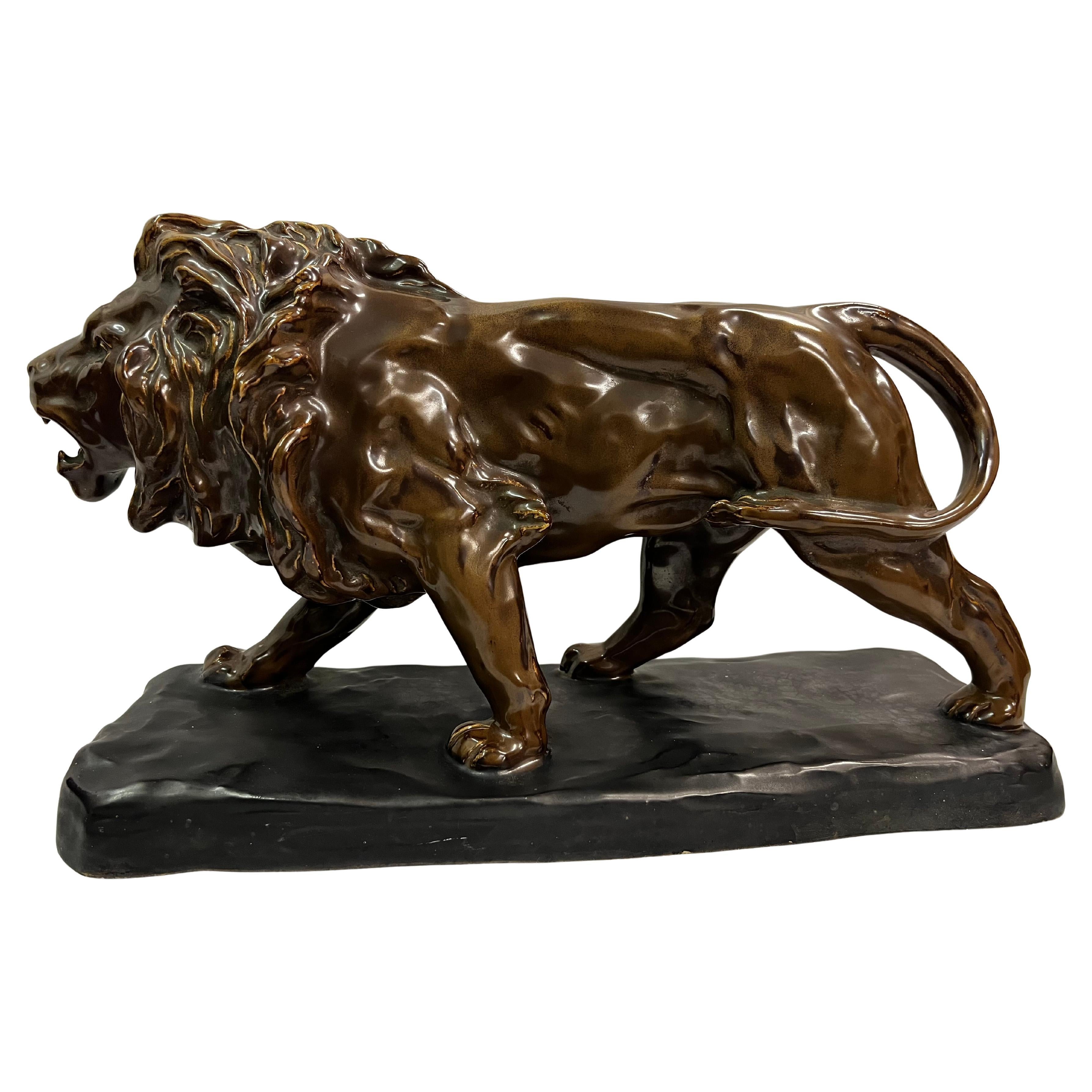 Impressive big cat lion sculpture, glazed ceramics, Jugendstil 1900s, Austria For Sale