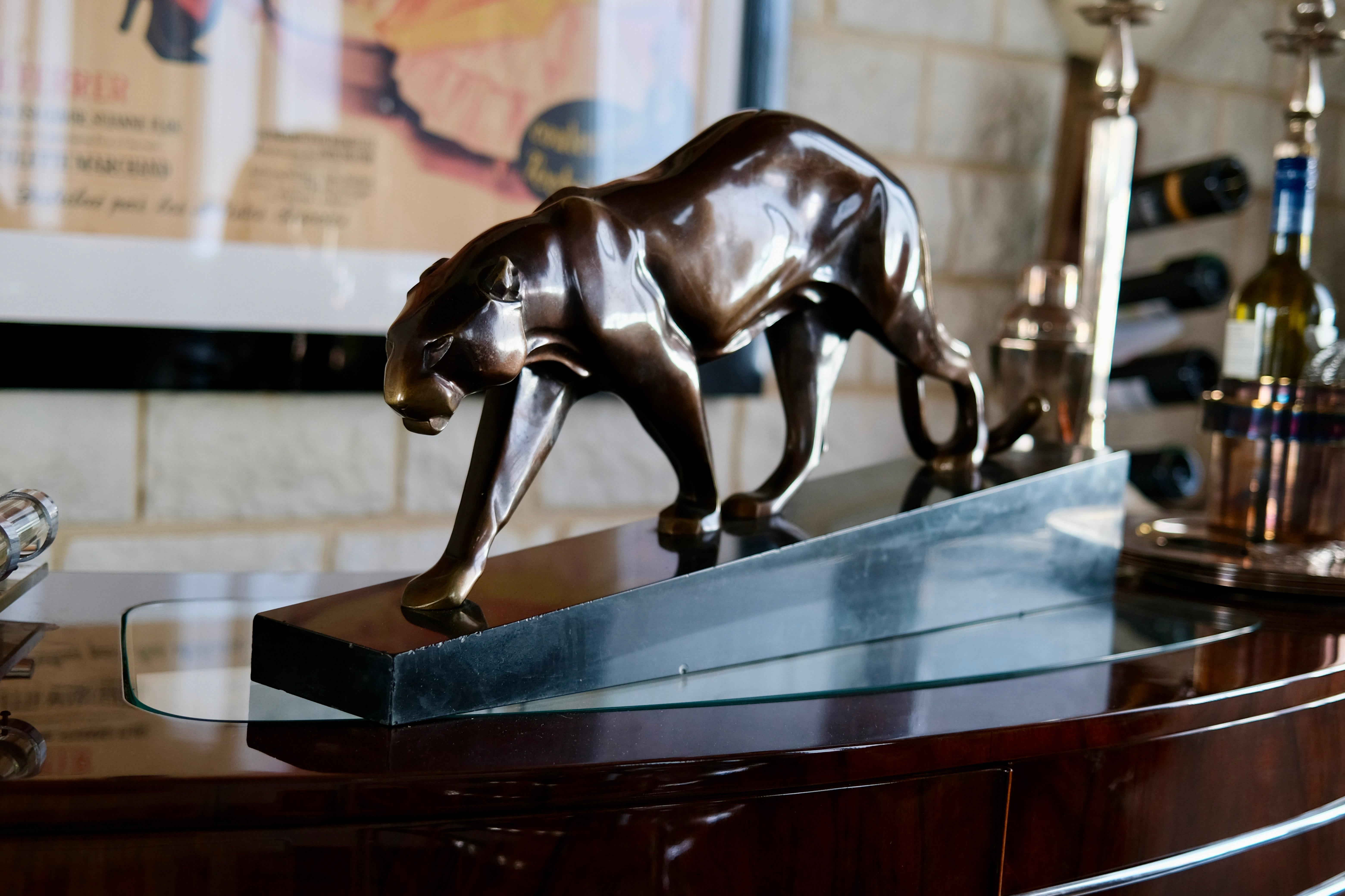 Art Deco Impressive Big Maurice Prost Panther Sculpture in Bronze on a Black Marble Base