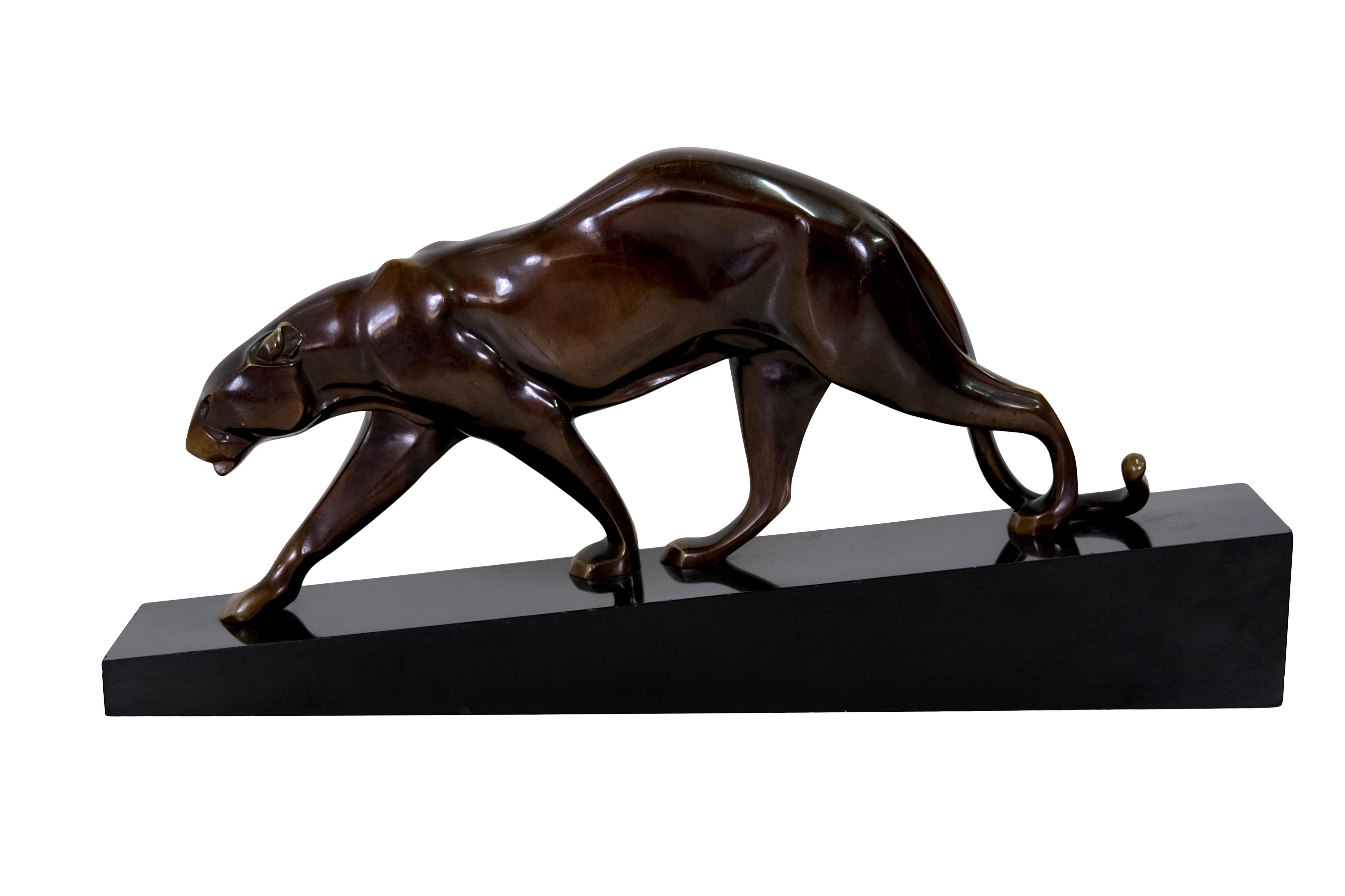 French Impressive Big Maurice Prost Panther Sculpture in Bronze on a Black Marble Base